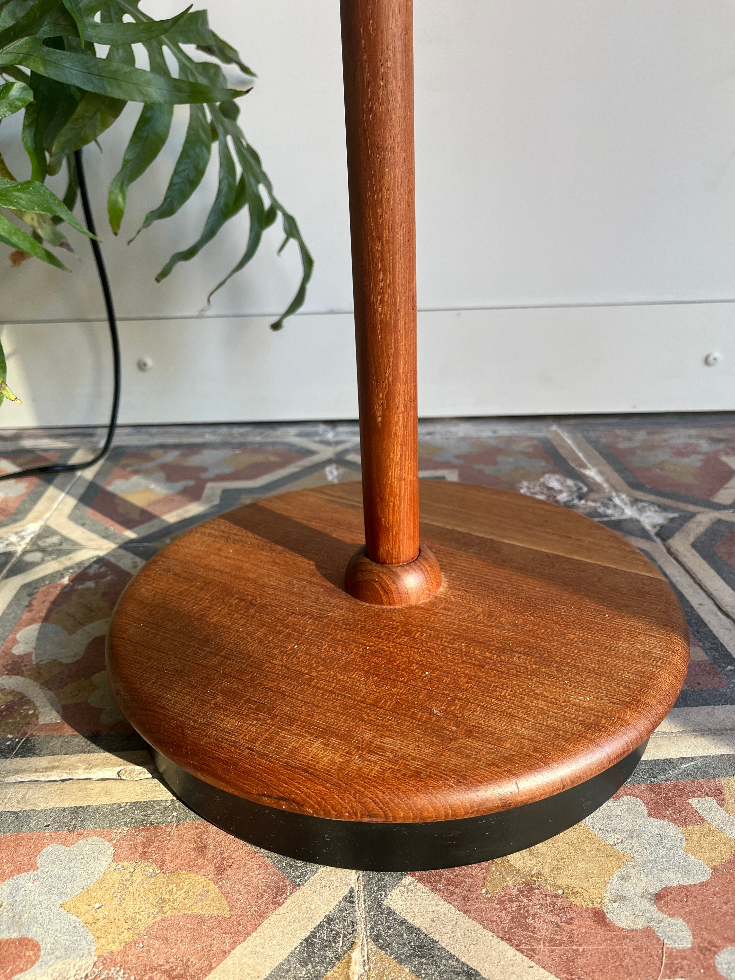 Domus_Adjustable_Teak_Floor_Lamp_with_Cherry_Red_Wild_Silk_Shade,_1960s