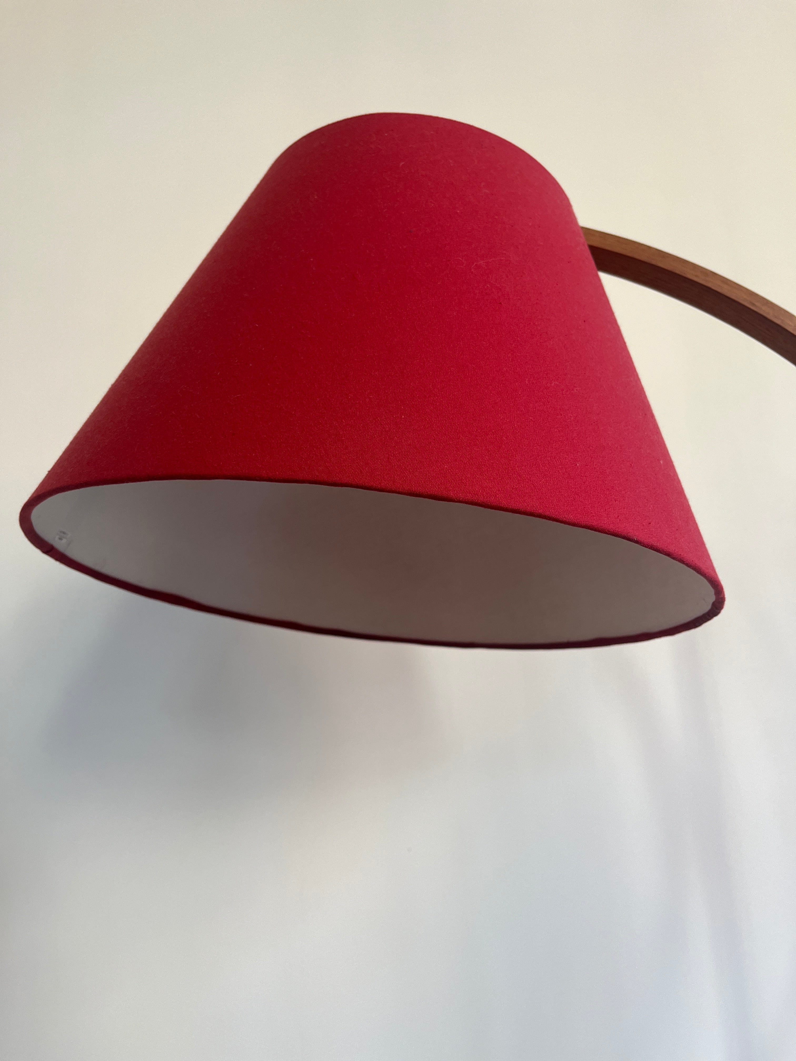 Domus_Adjustable_Teak_Floor_Lamp_with_Cherry_Red_Wild_Silk_Shade,_1960s