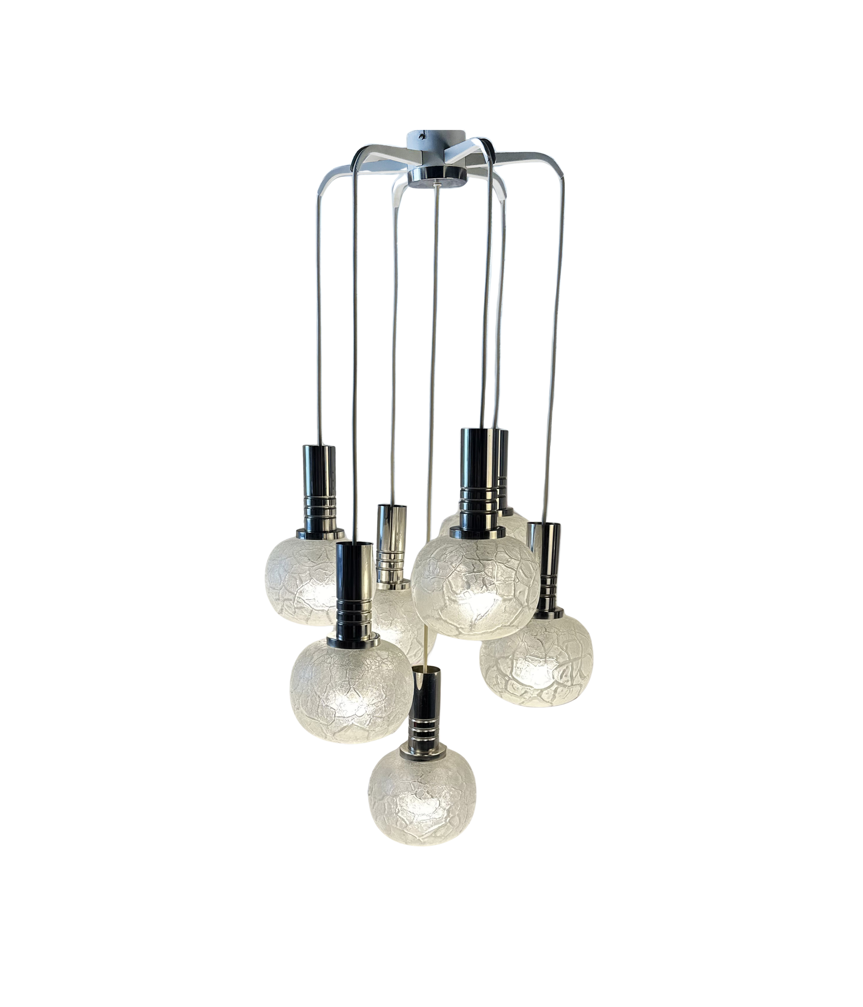 Doria_Leuchten_7_Globe_Chandelier,_Crackled_Murano_Style_Glass_and_Chrome,_German_Mid_Century_Modern,_1970s