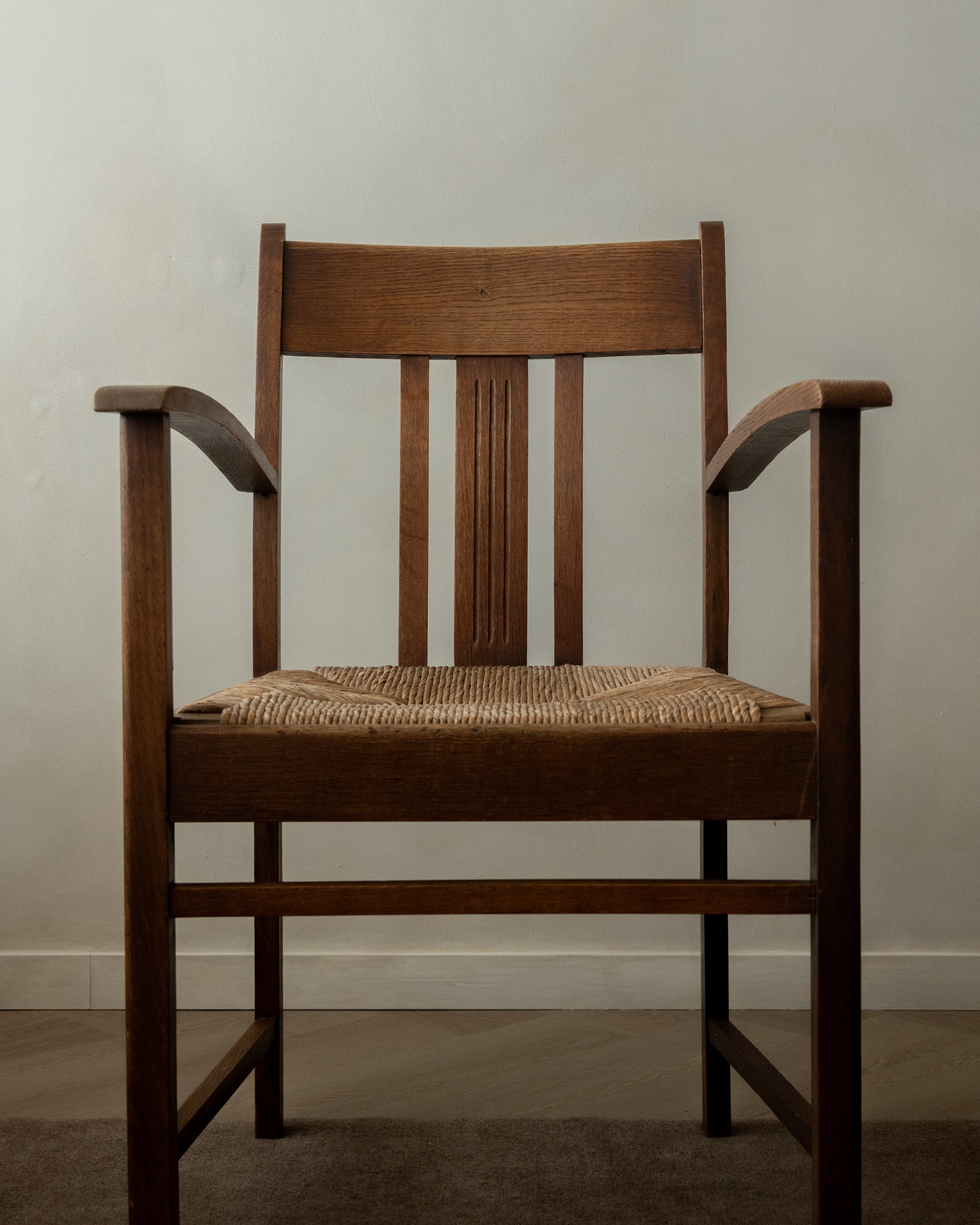 Dutch_Art_Deco_Oak_Armchair_with_Woven_Rush_Seat,_Amsterdam_School_Style,_Netherlands,_1920s