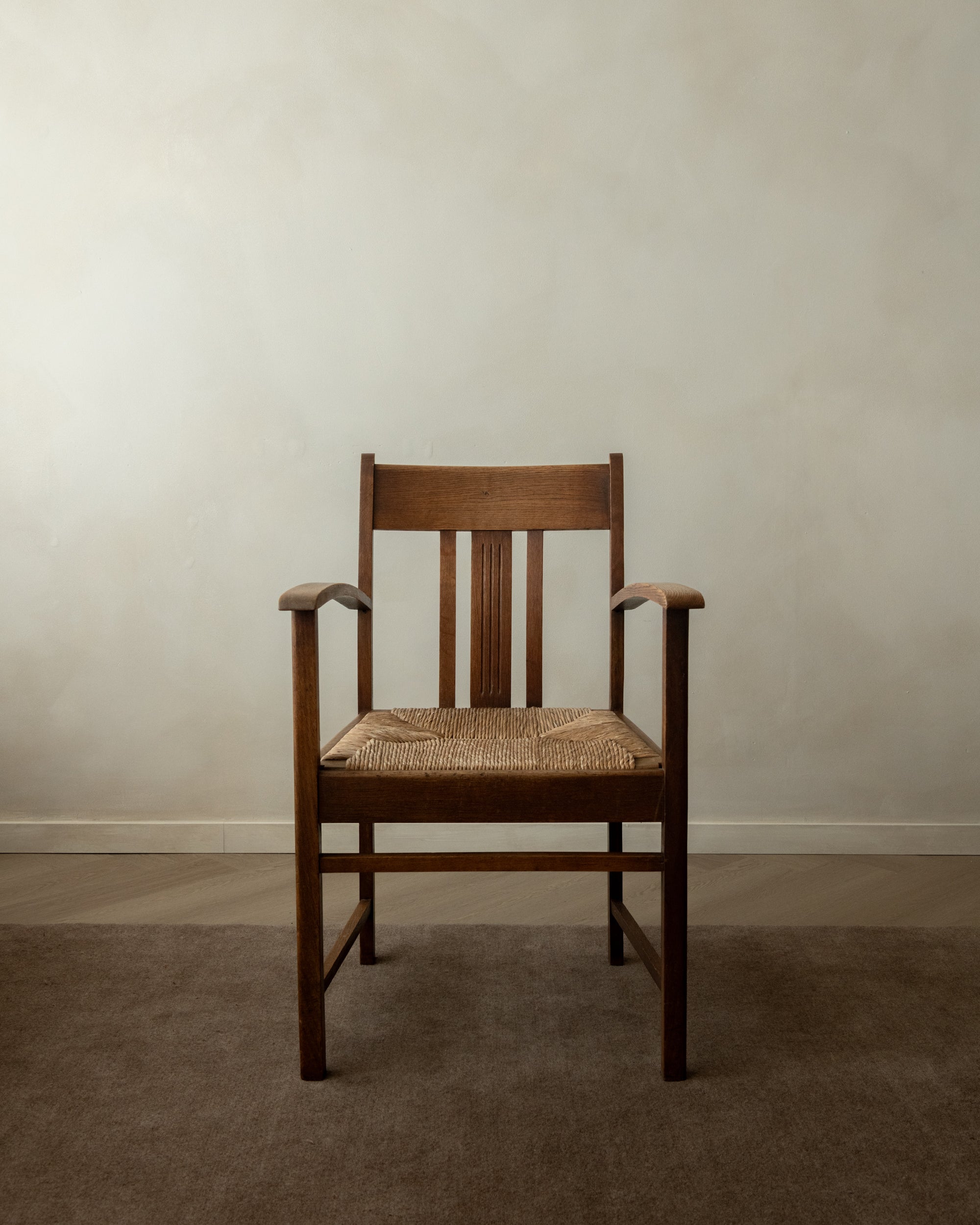 Dutch_Art_Deco_Oak_Armchair_with_Woven_Rush_Seat,_Amsterdam_School_Style,_Netherlands,_1920s