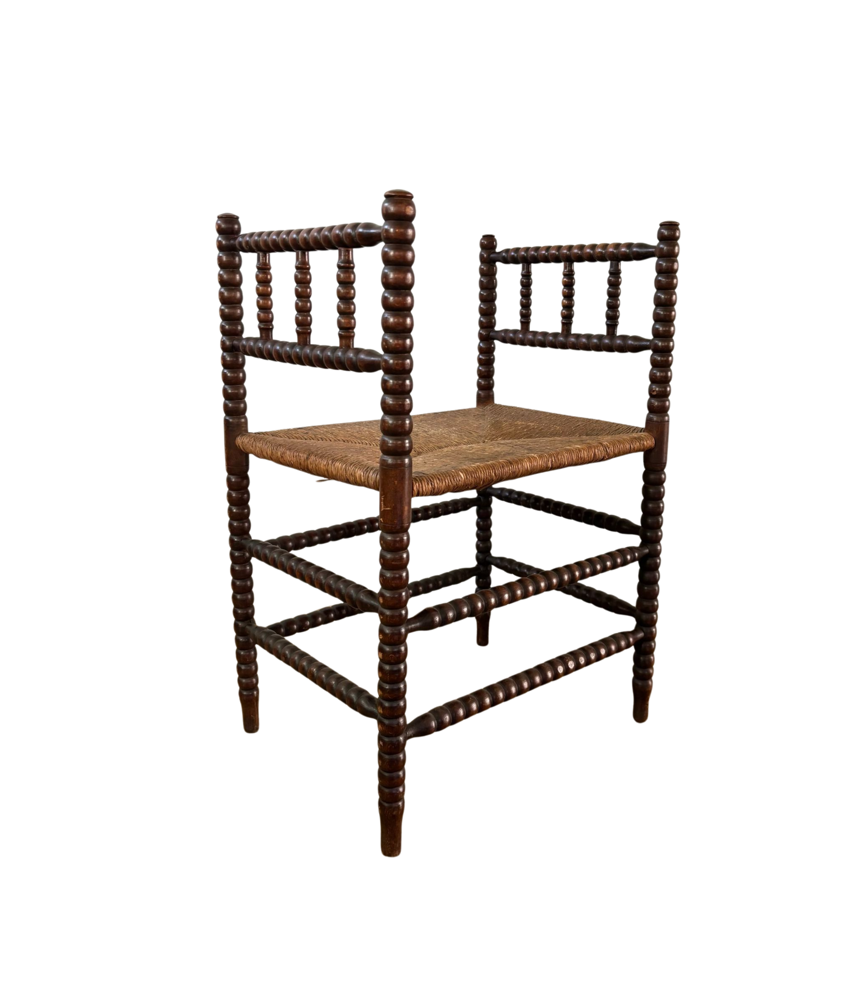 Dutch_Bobbin_Turned_Wood_Stool_or_Small_Bench_with_Rush_Seat,_Early_20th_Century