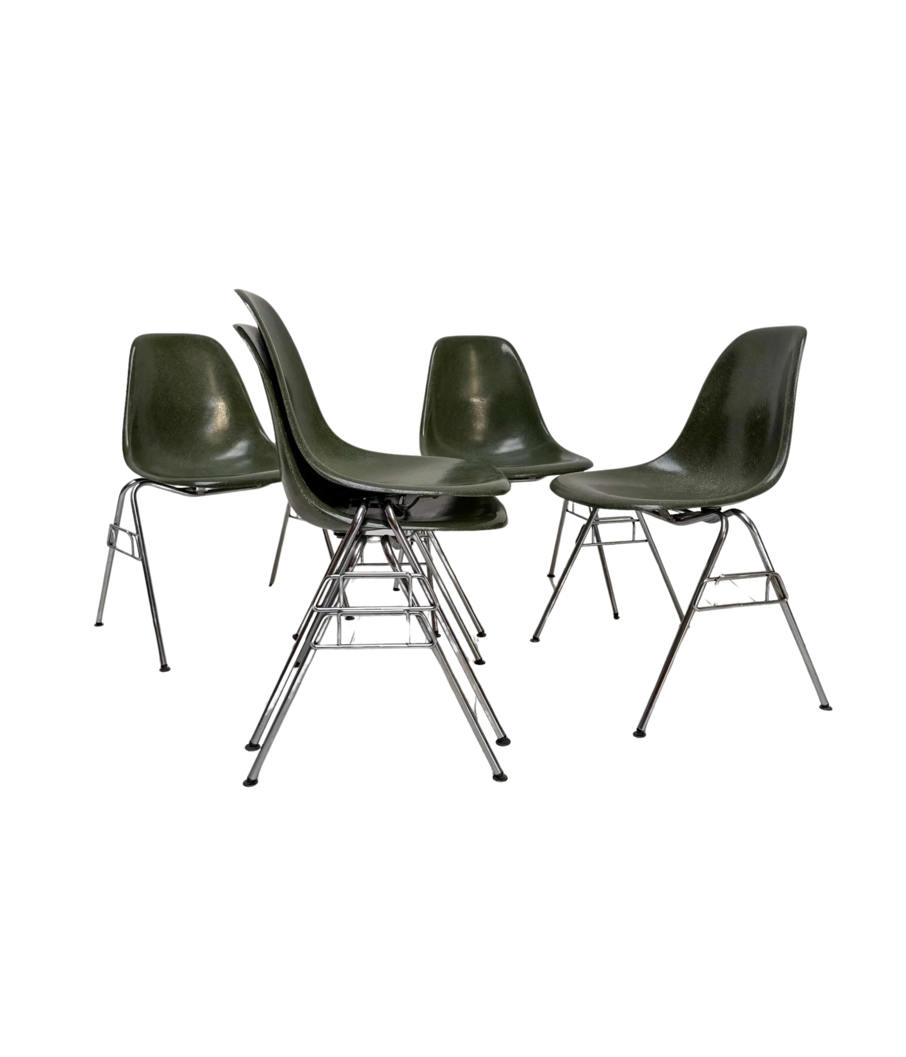 Eames_Fiberglass_Side_Chair_by_Charles_&_Ray_Eames_for_Herman_Miller,_Olive_Green_Shell_and_Stacking_Chrome_Base,_1970s