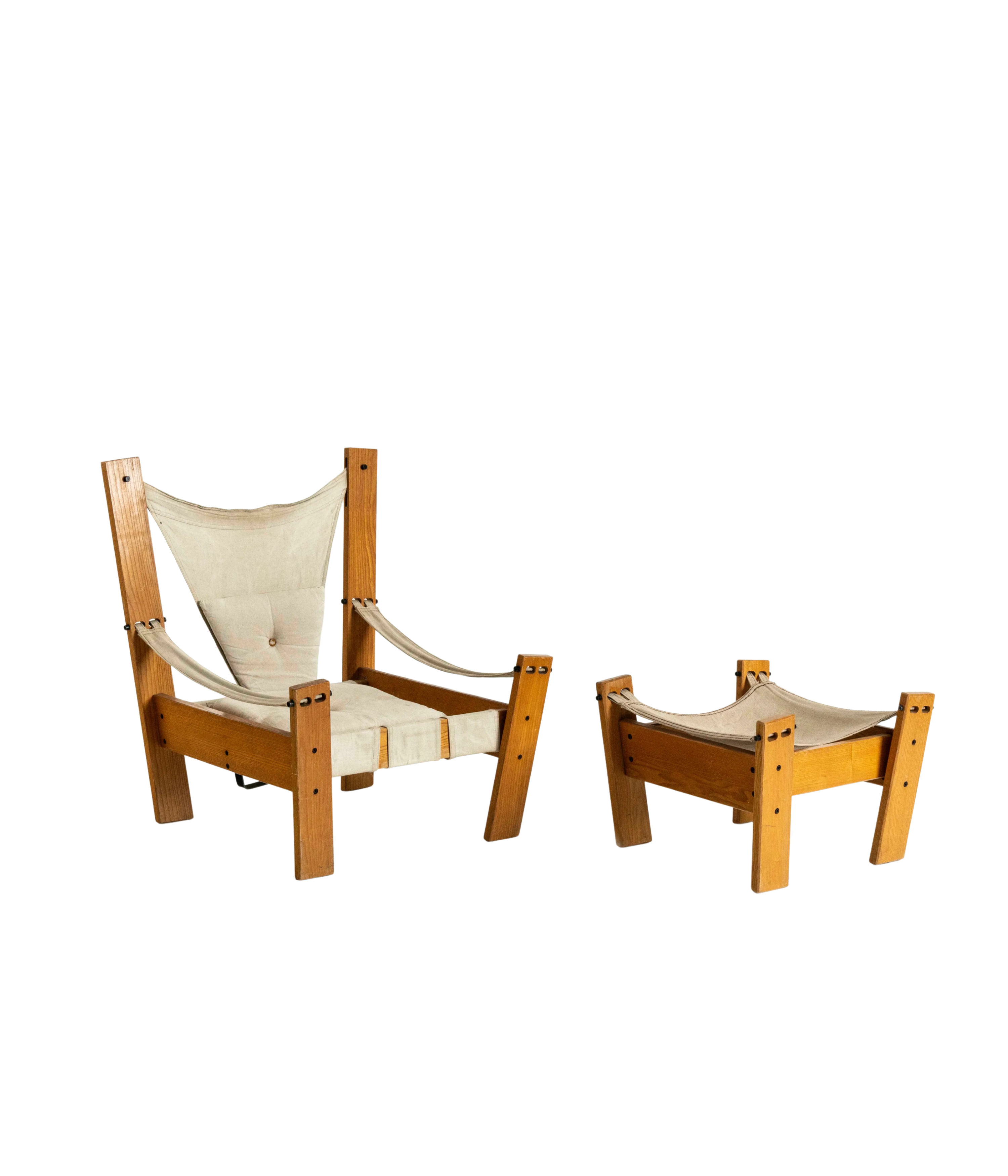 Set_of_Easy_Chair_by_John_de_Haard_in_Pinewood_and_Canvas_with_Hocker,_the_Netherlands_1960s
