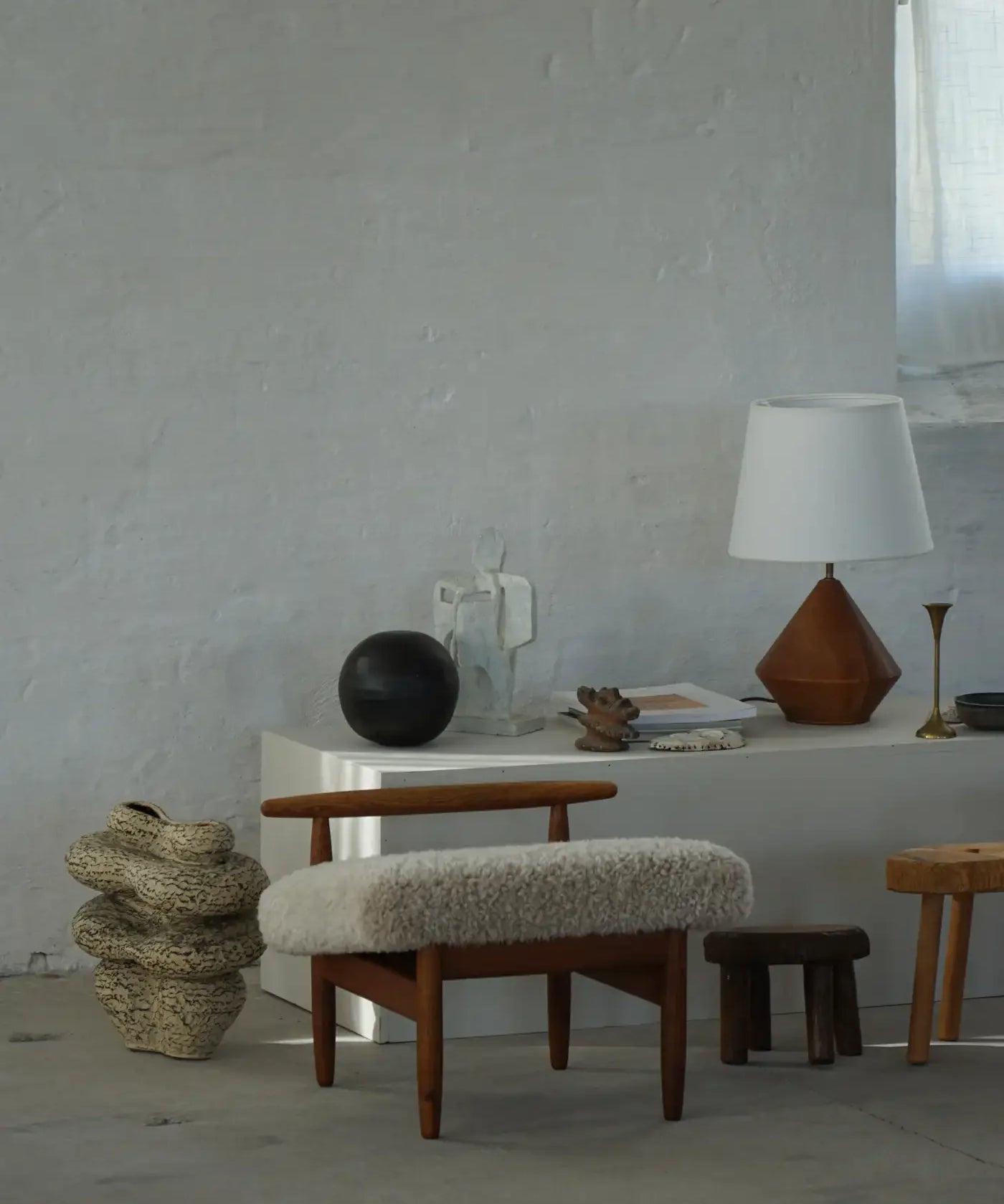 Eivind_A._Johansen_Oak_Footstool_with_Light_Lambswool_for_FDB,_Denmark_Mid_Century