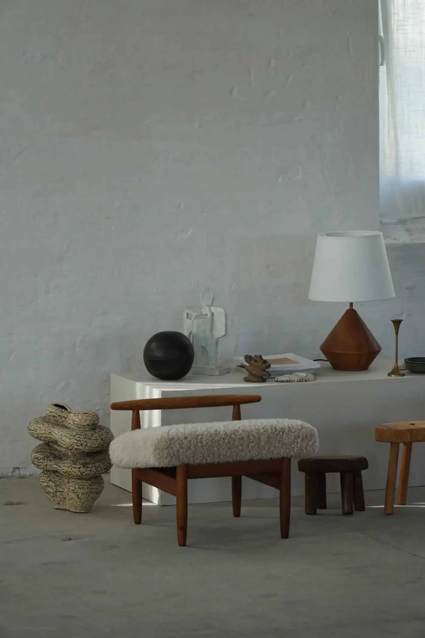 Eivind_A._Johansen_Oak_Footstool_with_Light_Lambswool_for_FDB,_Denmark_Mid_Century