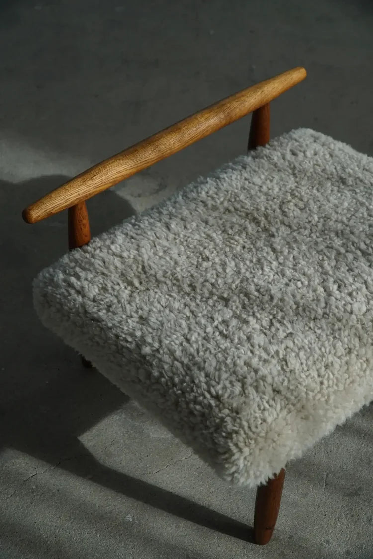 Eivind_A._Johansen_Oak_Footstool_with_Light_Lambswool_for_FDB,_Denmark_Mid_Century