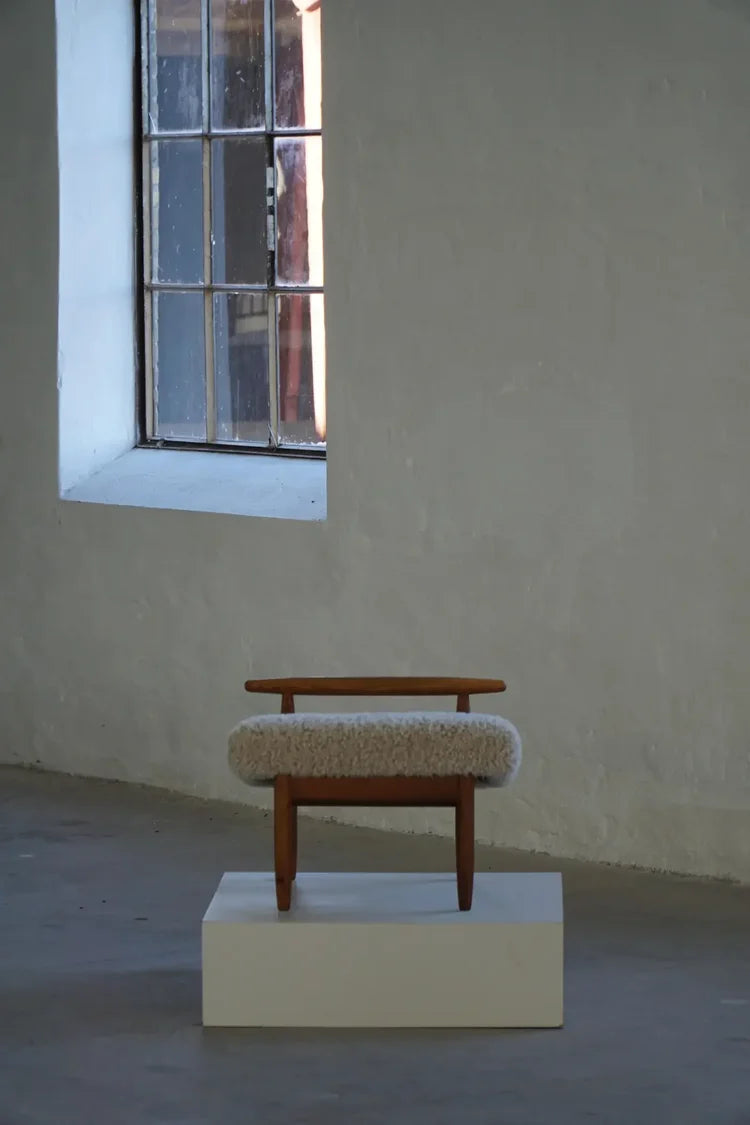 Eivind_A._Johansen_Oak_Footstool_with_Light_Lambswool_for_FDB,_Denmark_Mid_Century