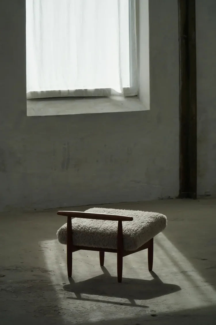 Eivind_A._Johansen_Oak_Footstool_with_Light_Lambswool_for_FDB,_Denmark_Mid_Century