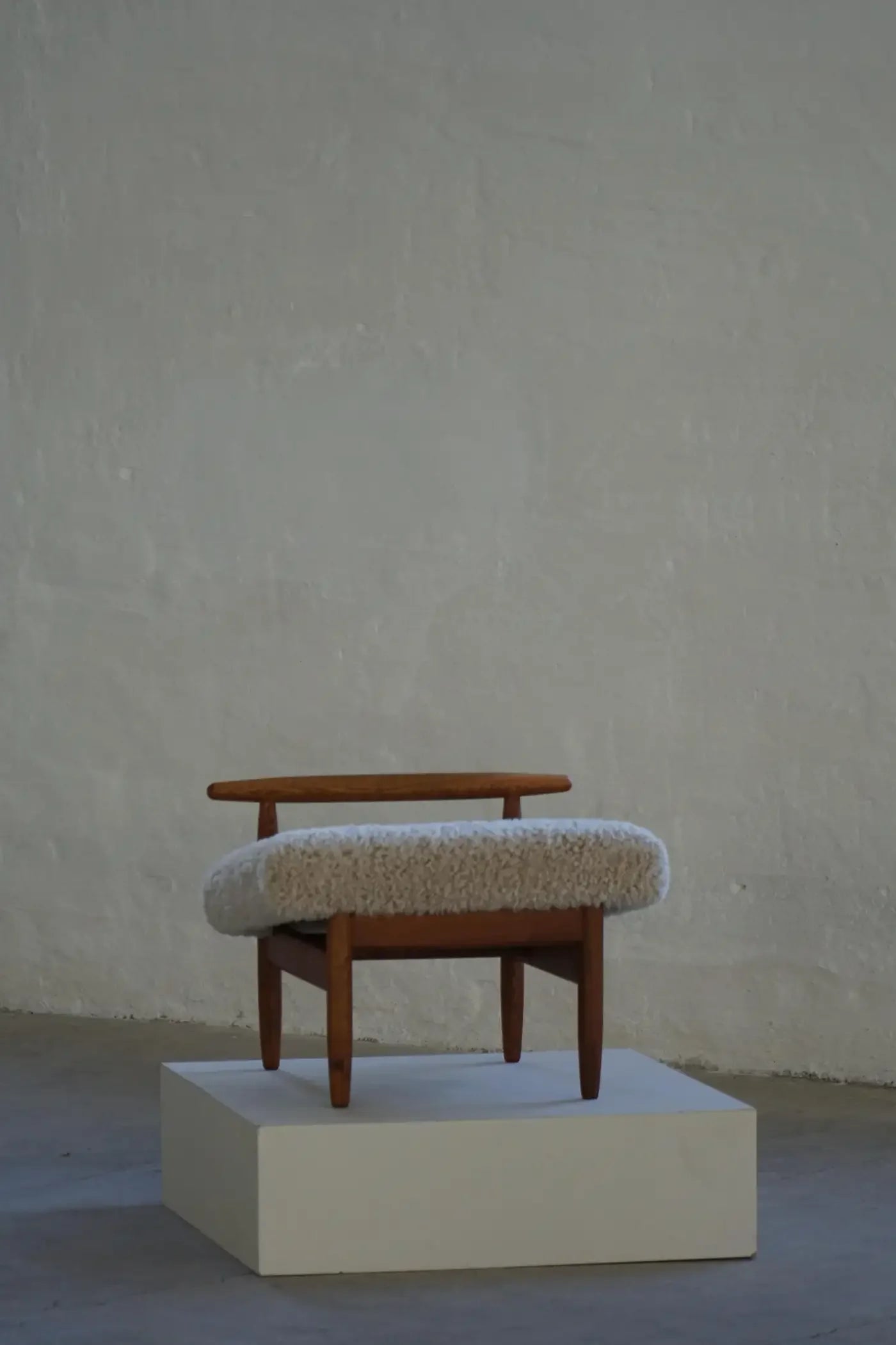 Eivind_A._Johansen_Oak_Footstool_with_Light_Lambswool_for_FDB,_Denmark_Mid_Century