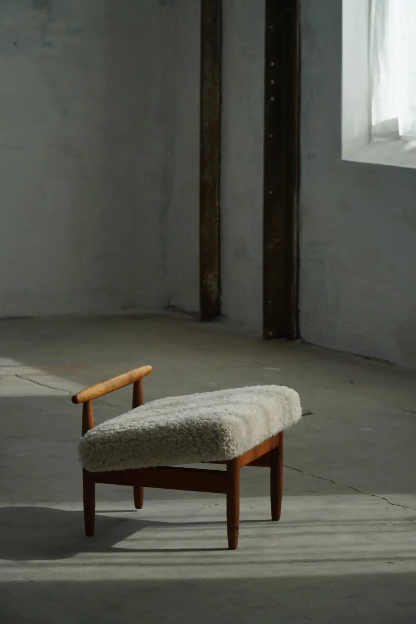 Eivind_A._Johansen_Oak_Footstool_with_Light_Lambswool_for_FDB,_Denmark_Mid_Century