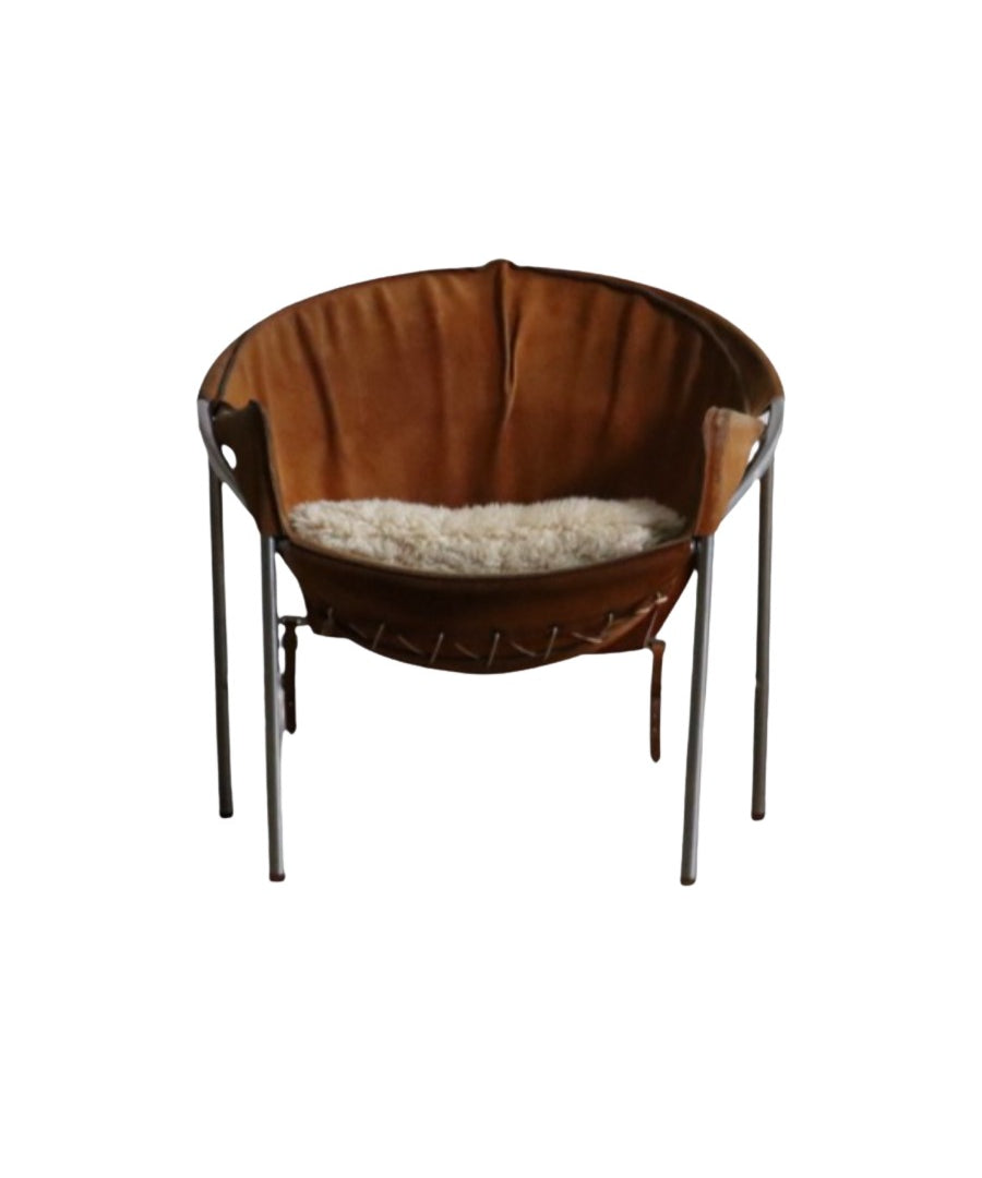 Erik_Ole_Jørgensen_for_Bovirke_Easy_Chair_in_Cognac_Suede_and_Metal,_Denmark,_1953