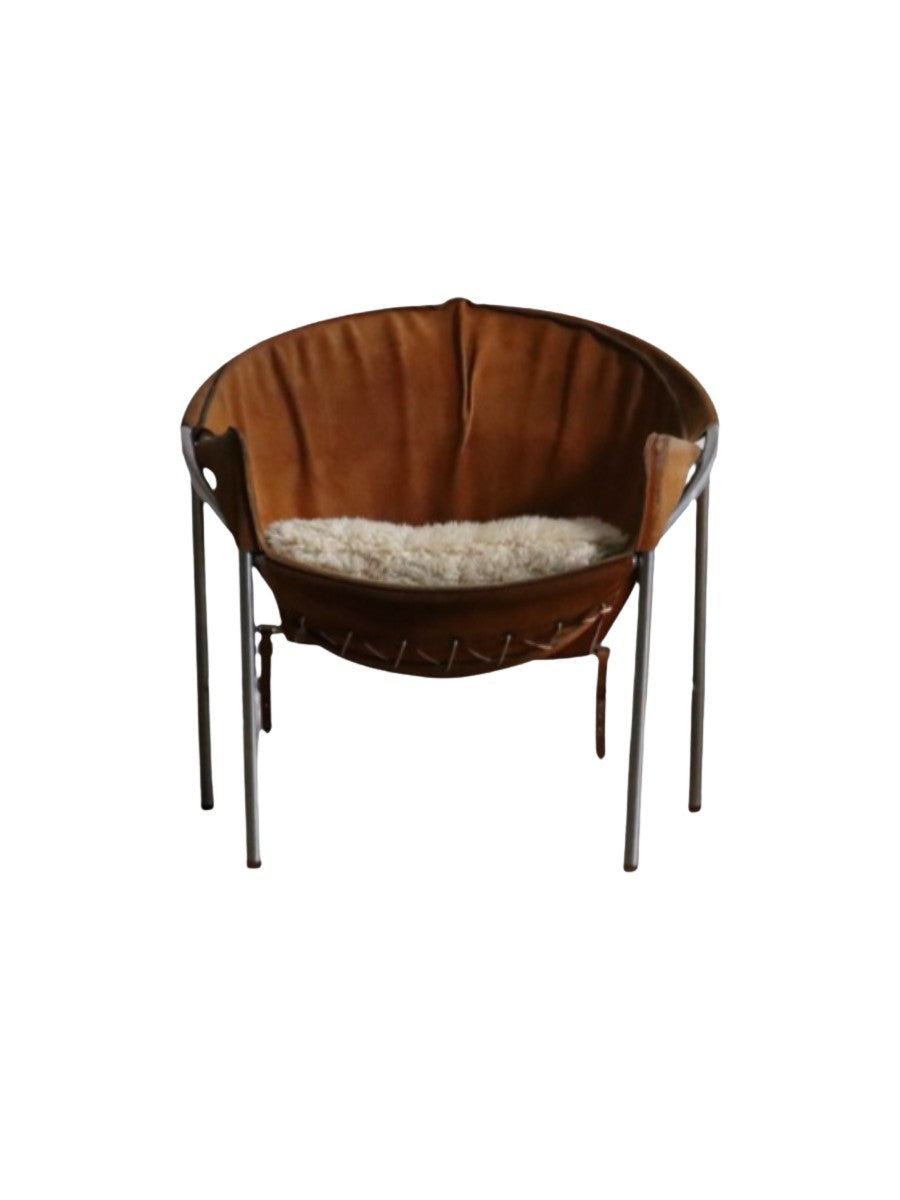 Erik_Ole_Jørgensen_for_Bovirke_Easy_Chair_in_Cognac_Suede_and_Metal,_Denmark,_1953