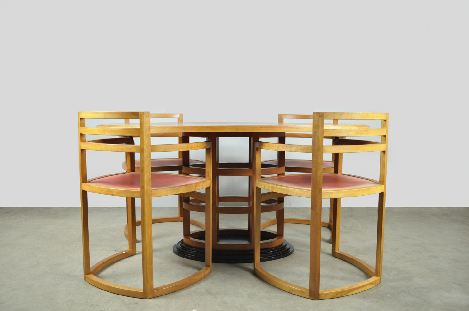 Art_Deco_Dining_Set_in_Fruitwood_with_Oval_Pedestal_Table_and_6_Chairs,_Netherlands_1980s