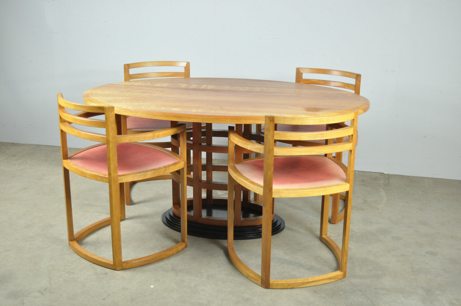 Art_Deco_Dining_Set_in_Fruitwood_with_Oval_Pedestal_Table_and_6_Chairs,_Netherlands_1980s