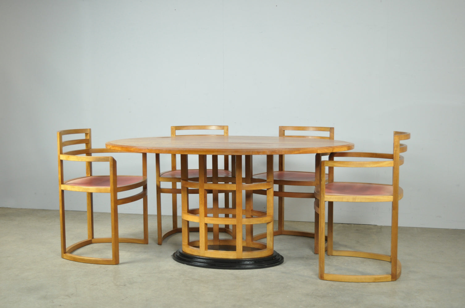 Art_Deco_Dining_Set_in_Fruitwood_with_Oval_Pedestal_Table_and_6_Chairs,_Netherlands_1980s