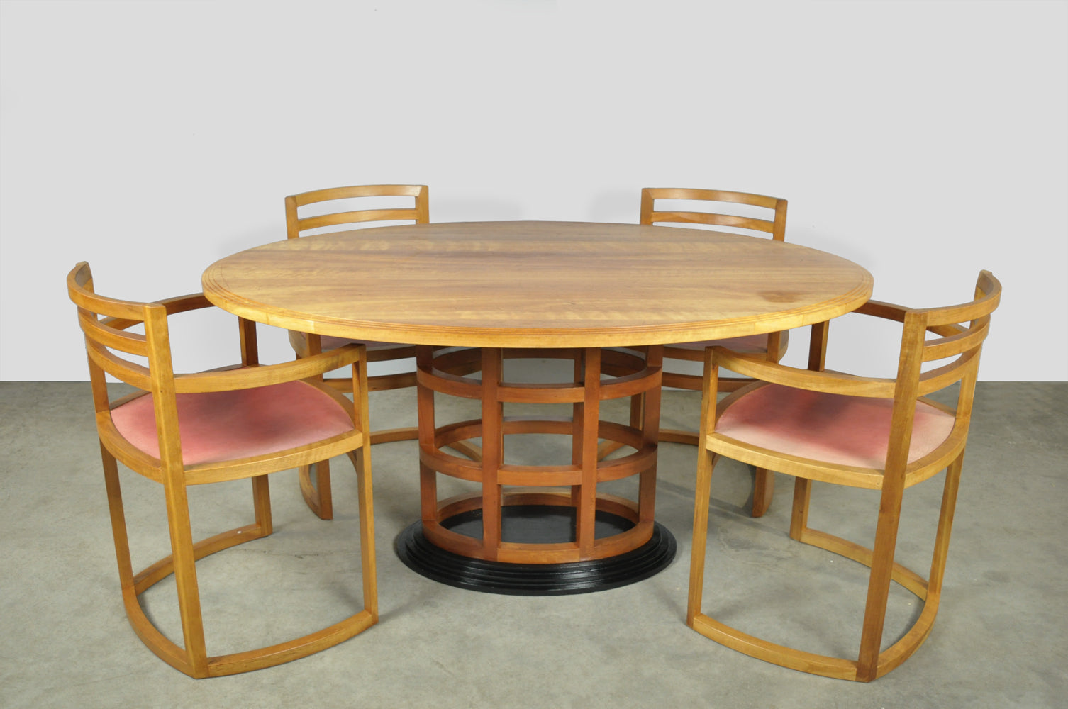 Art_Deco_Dining_Set_in_Fruitwood_with_Oval_Pedestal_Table_and_6_Chairs,_Netherlands_1980s