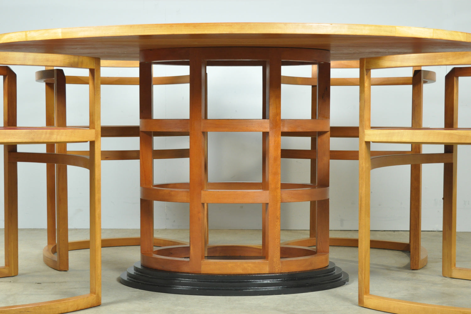 Art_Deco_Dining_Set_in_Fruitwood_with_Oval_Pedestal_Table_and_6_Chairs,_Netherlands_1980s