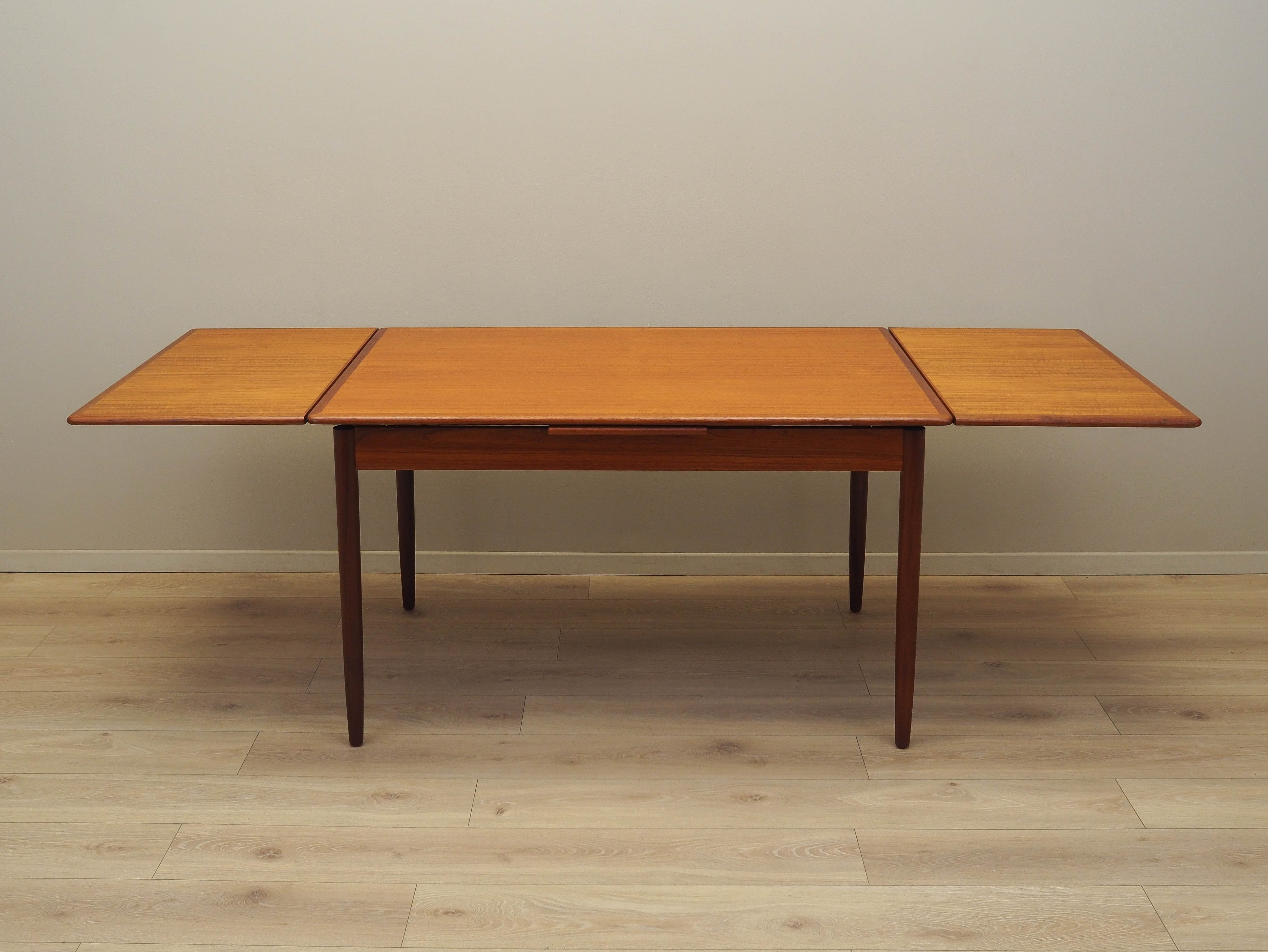 Extendable_Dining_Table,_Teak_Veneer,_Solid_Wood_Legs,_1970s,_Denmark
