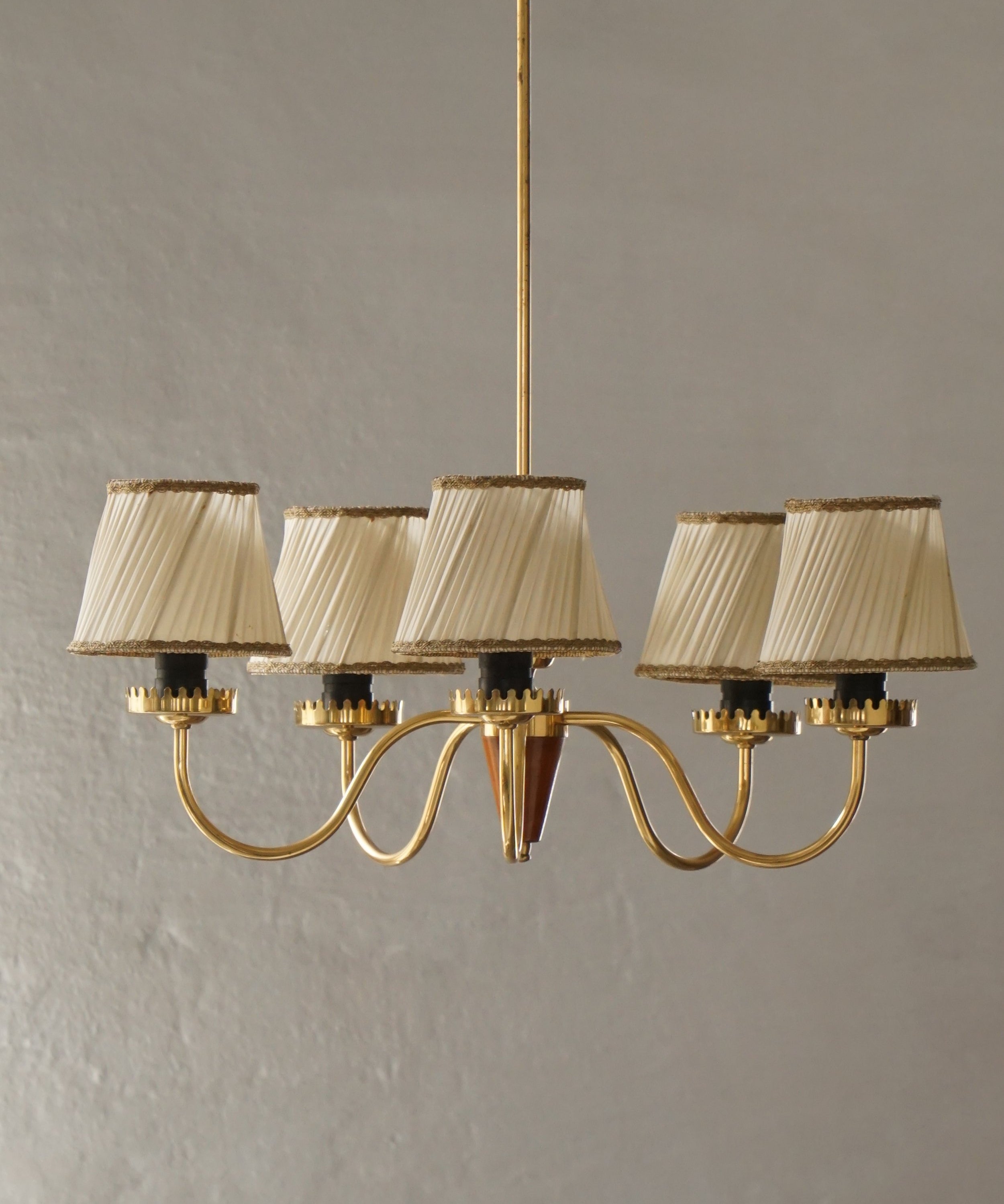 Five-Arm_Brass_Chandelier_with_Pleated_Shades
