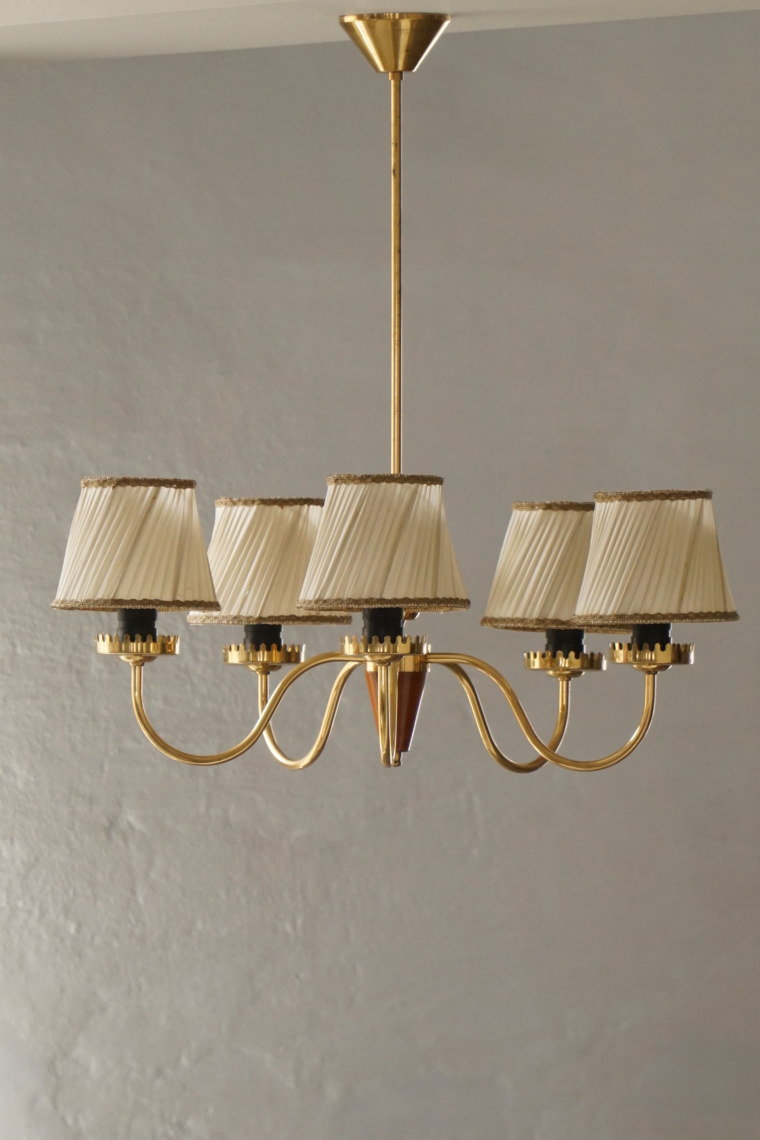 Five-Arm_Brass_Chandelier_with_Pleated_Shades