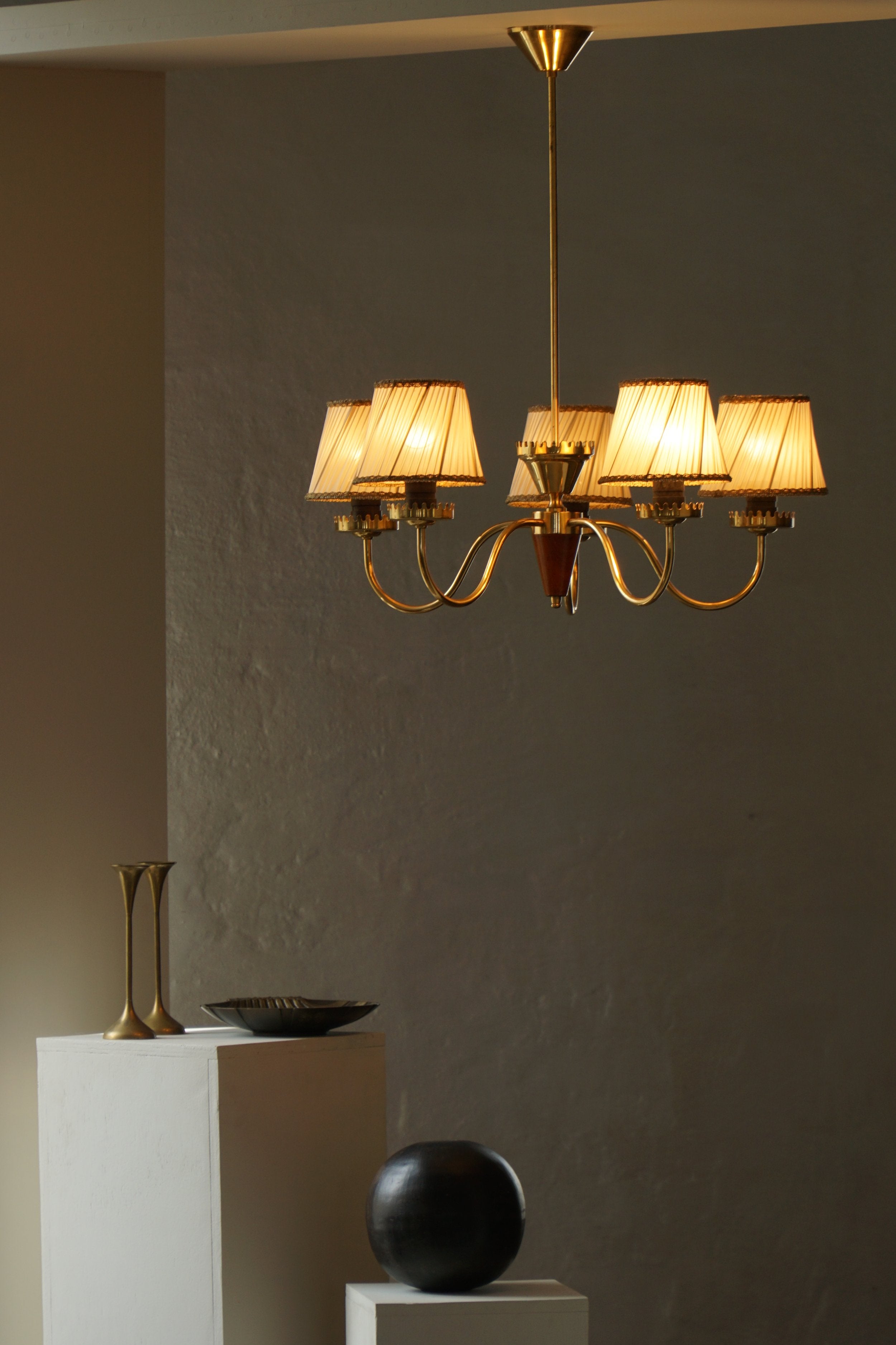 Five-Arm_Brass_Chandelier_with_Pleated_Shades