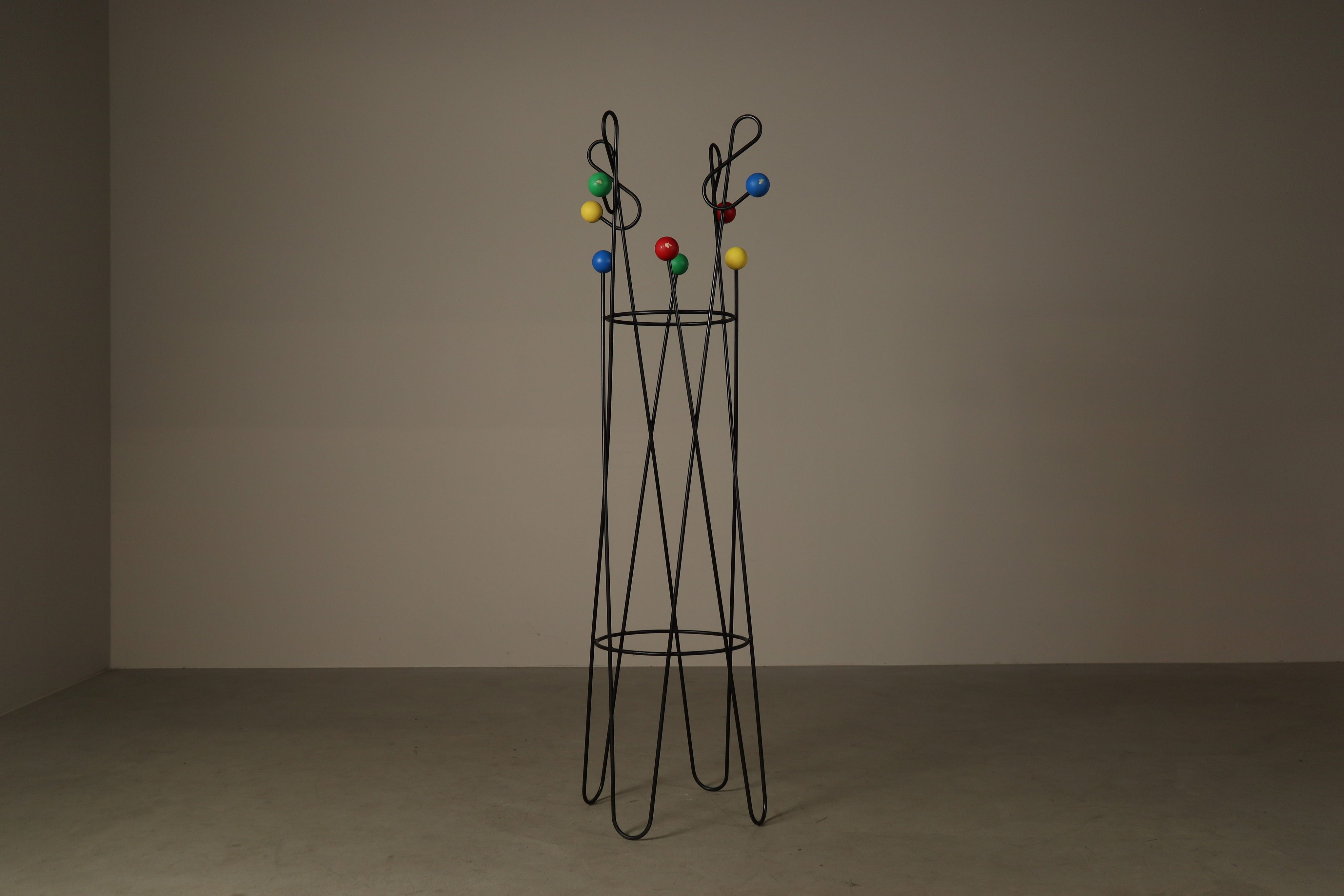 Coat_and_Hat_Stand_in_the_Style_of_Roger_Féraud,_Black_Metal_with_Colourful_Wooden_Balls