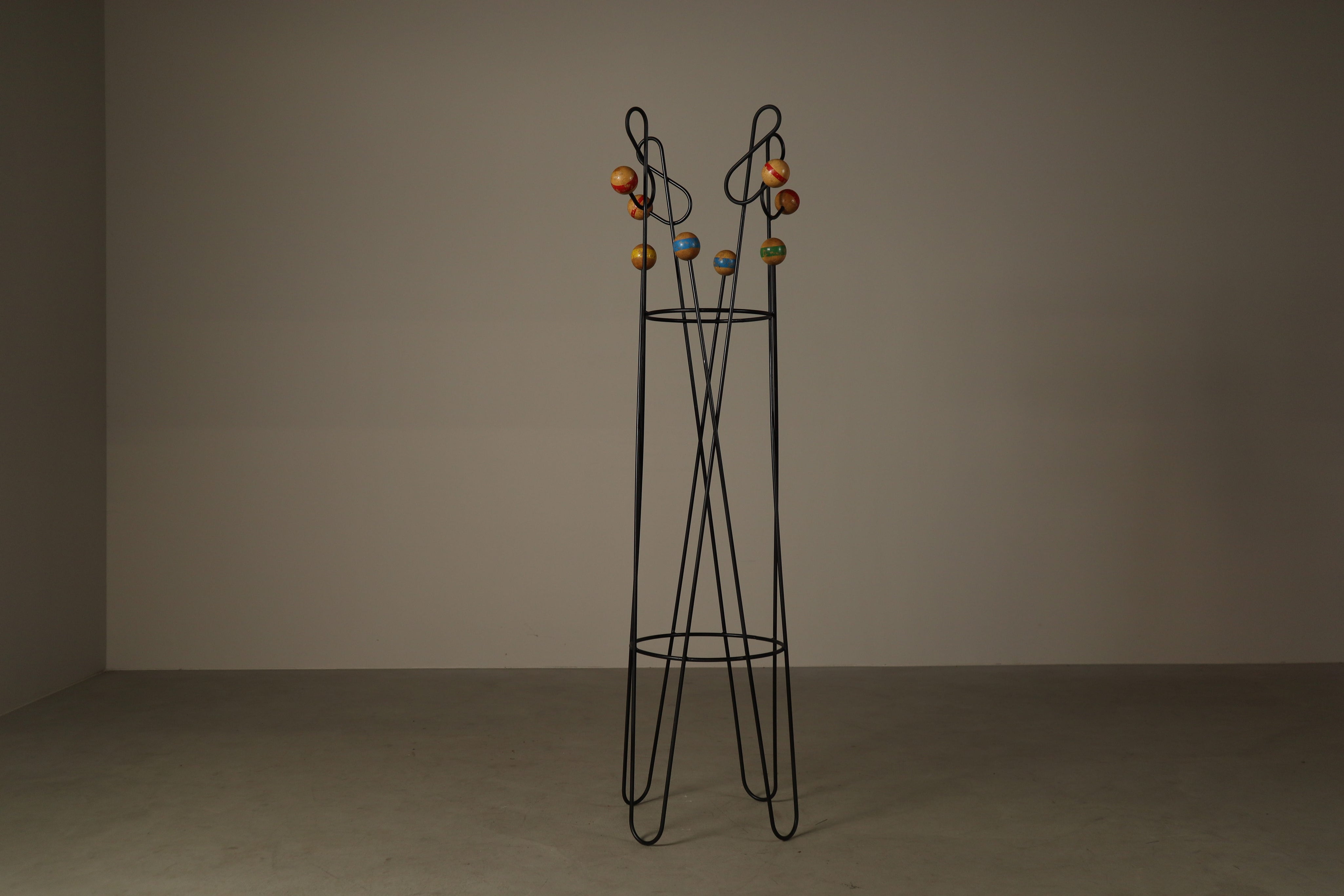 Freestanding_Coat_and_Hat_Stand_in_the_Style_of_Roger_Féraud,_Black_Metal_and_Colourful_Wooden_Balls