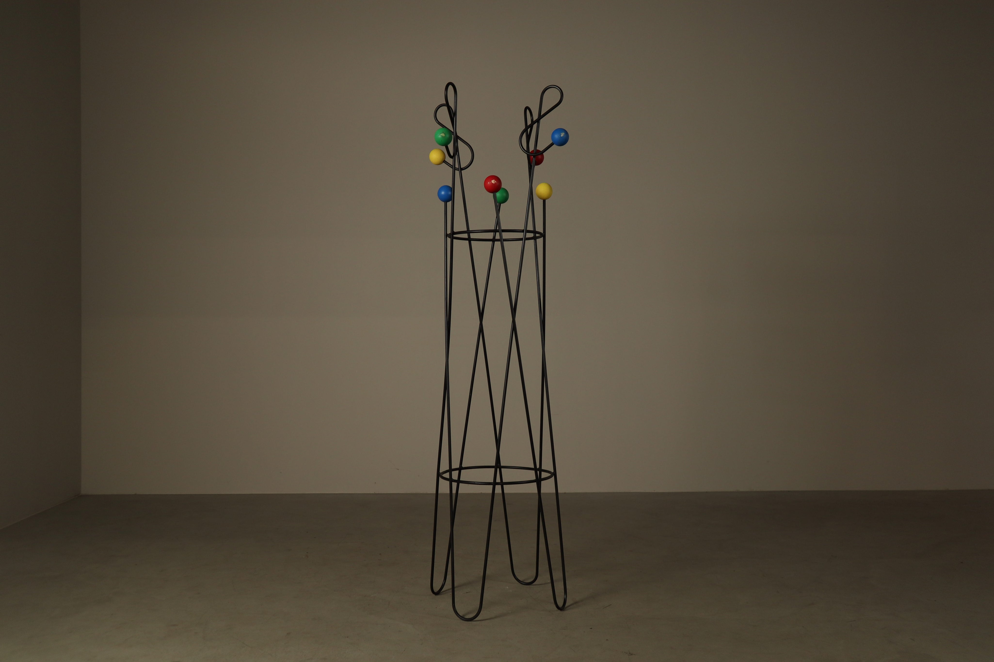 Coat_and_Hat_Stand_in_the_Style_of_Roger_Féraud,_Black_Metal_with_Colourful_Wooden_Balls