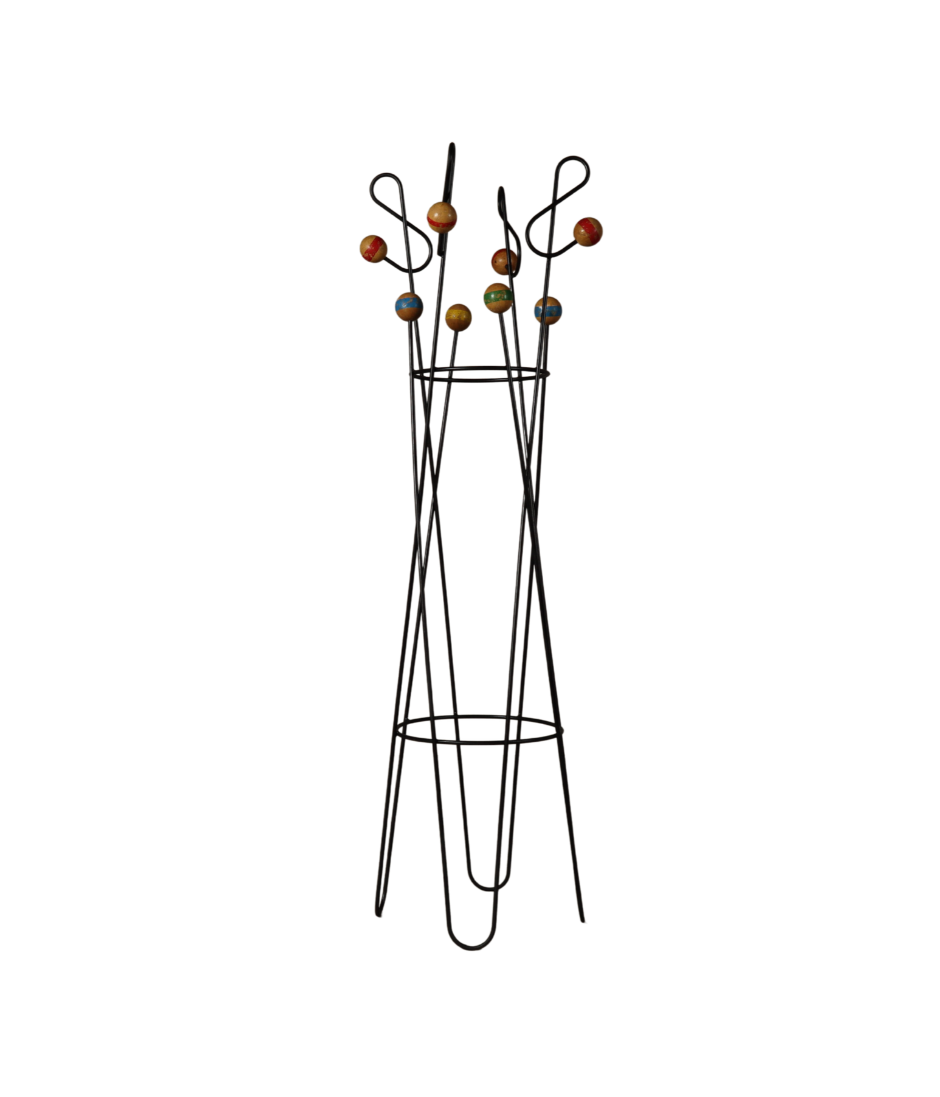 Freestanding_Coat_and_Hat_Stand_in_the_Style_of_Roger_Féraud,_Black_Metal_and_Colourful_Wooden_Balls
