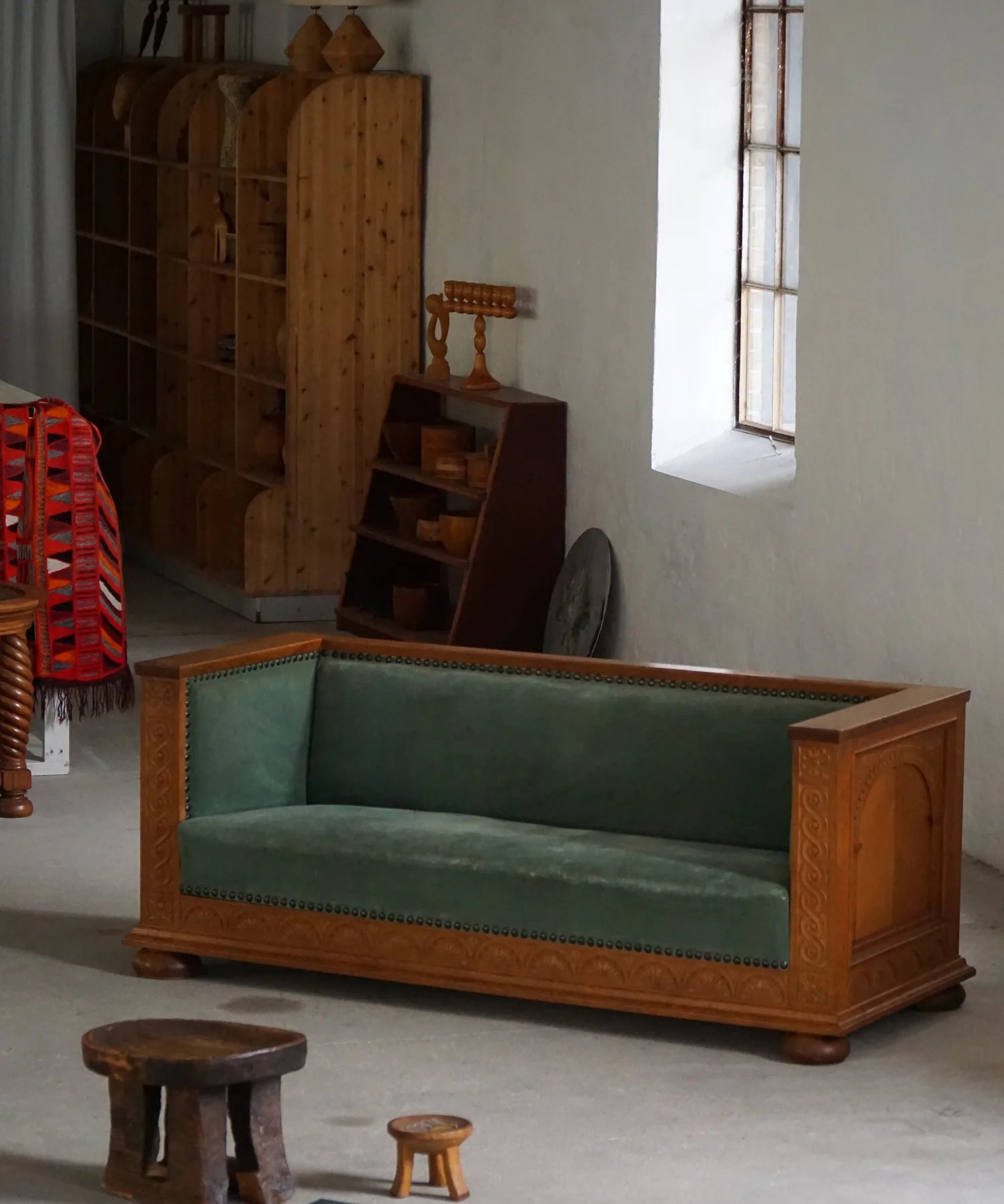 Freestanding_Danish_Empire_Sofa_in_Oak_and_Velour_Upholstery,_19th_Century