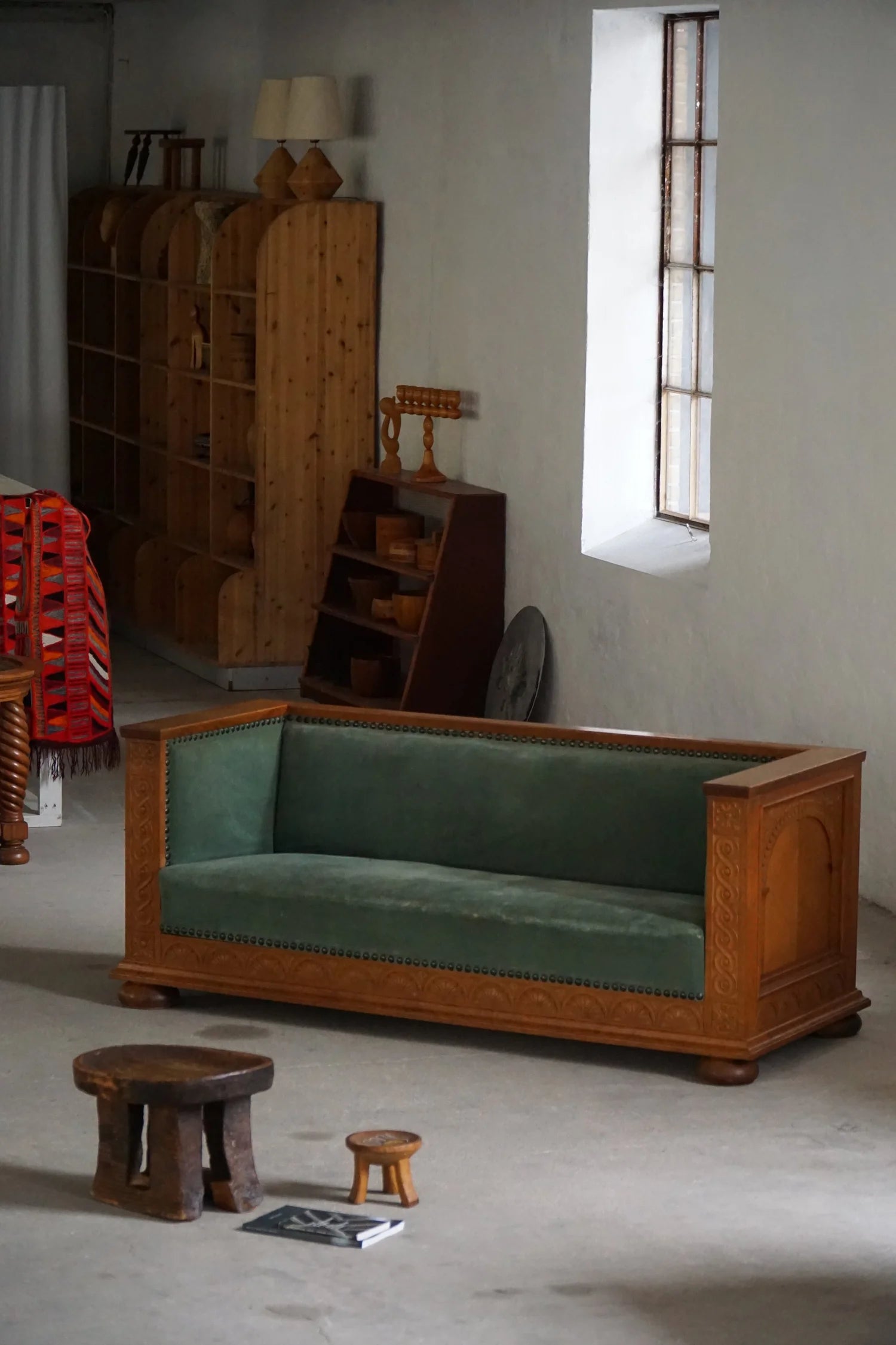 Freestanding_Danish_Empire_Sofa_in_Oak_and_Velour_Upholstery,_19th_Century