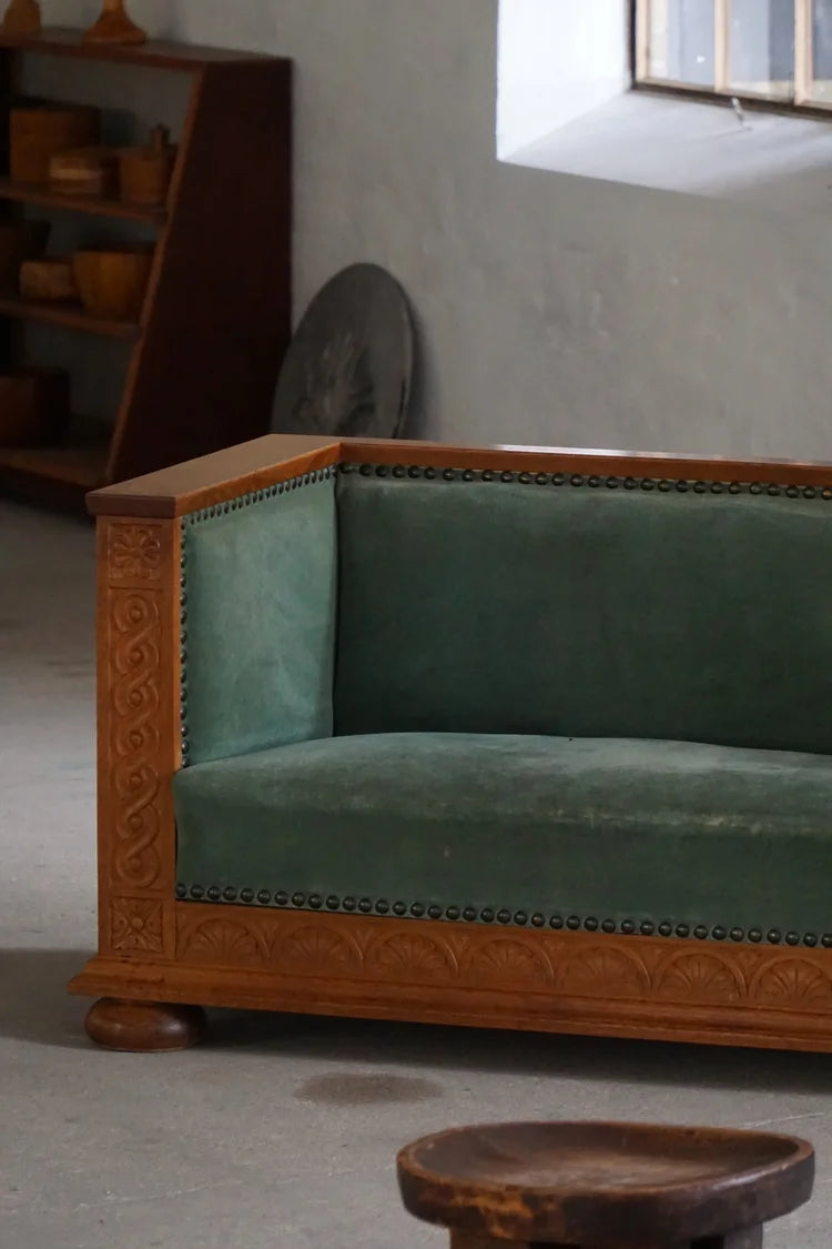 Freestanding_Danish_Empire_Sofa_in_Oak_and_Velour_Upholstery,_19th_Century