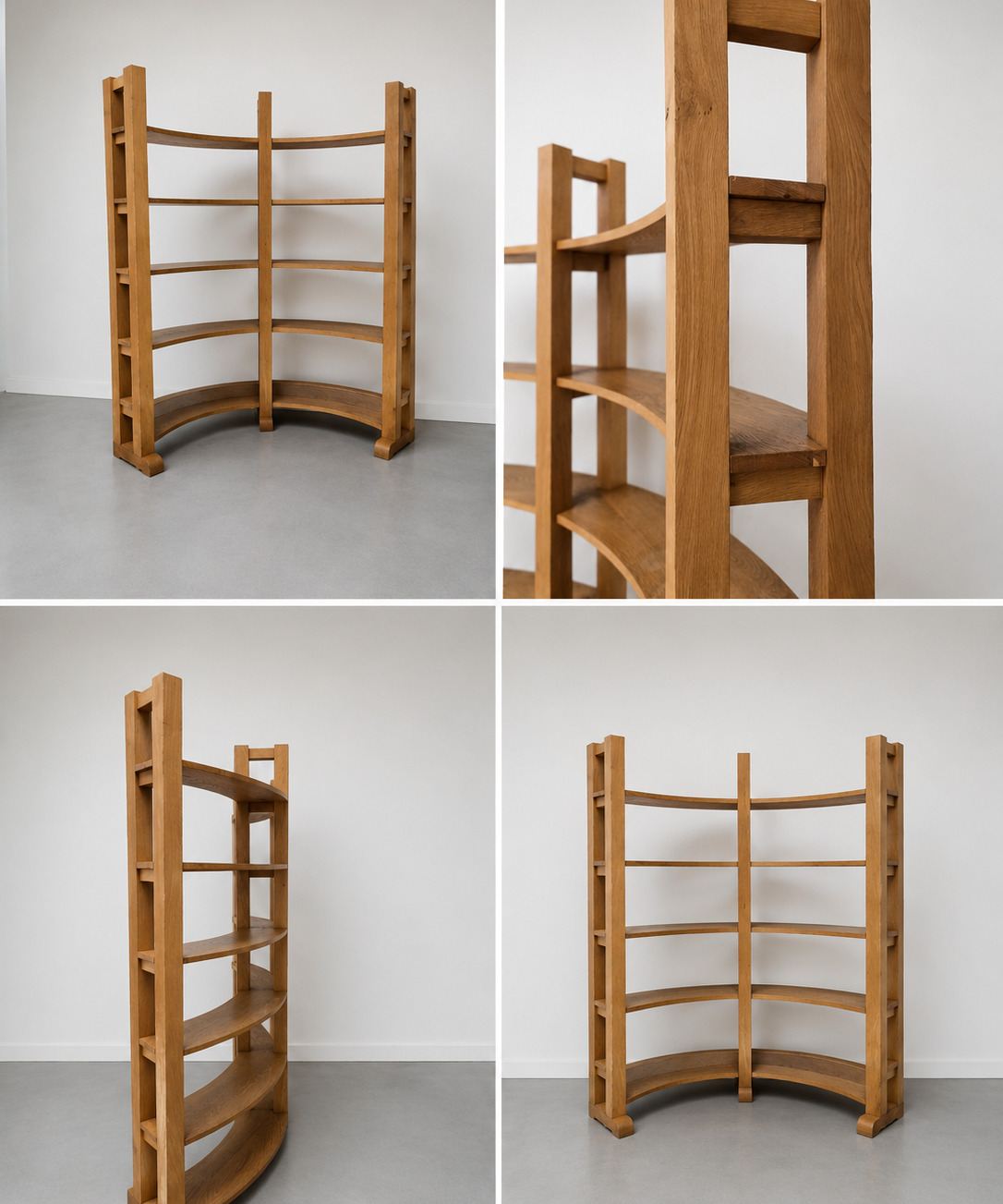 Unique_Freestanding_Demi-Lune_Bookrack_and_Display_Cabinet_in_Full_Grain_Oak,_1970s