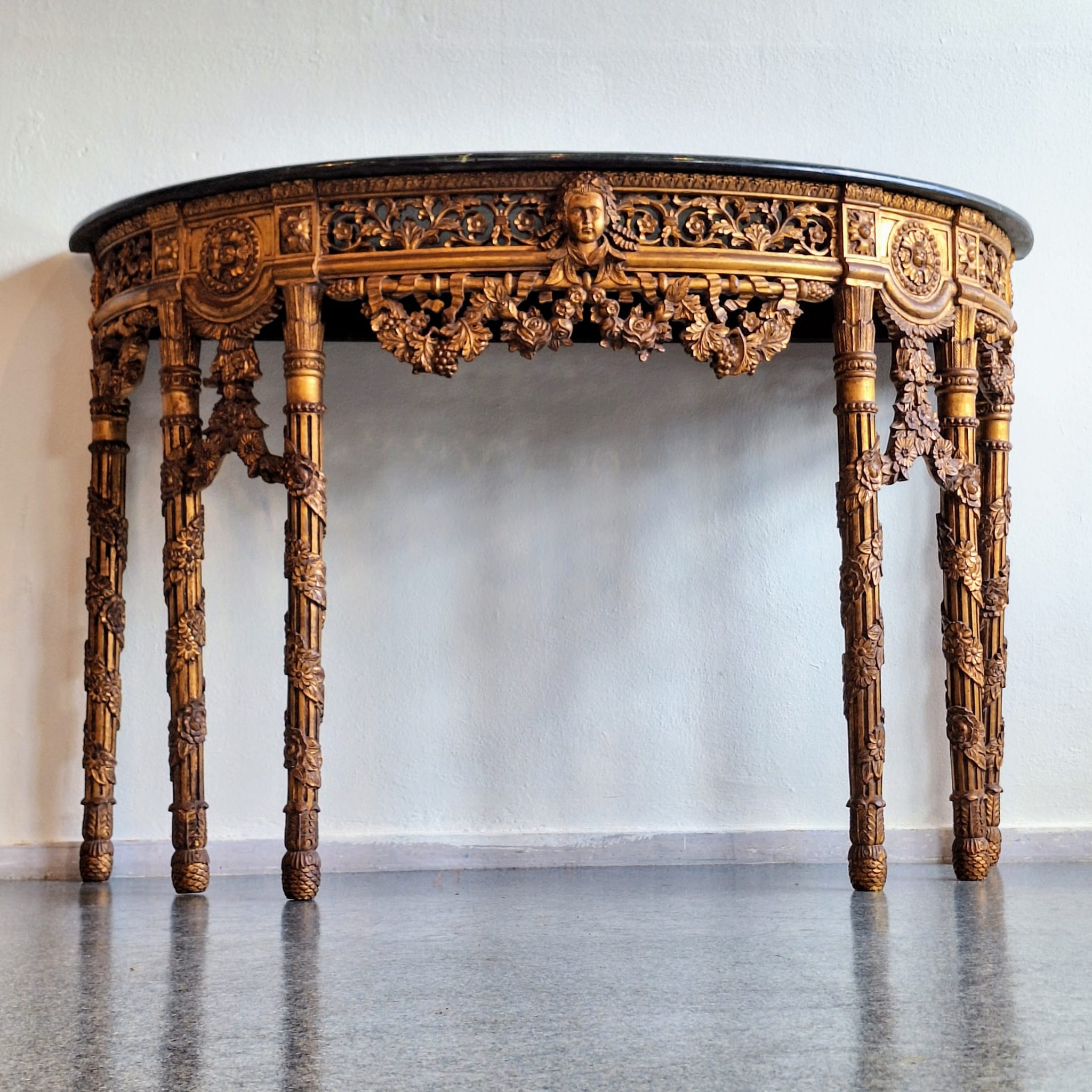 French_Baroque_Half_Moon_Wall_Console_with_Green_Marble_Top,_Gilt_Wood,_19th_Century