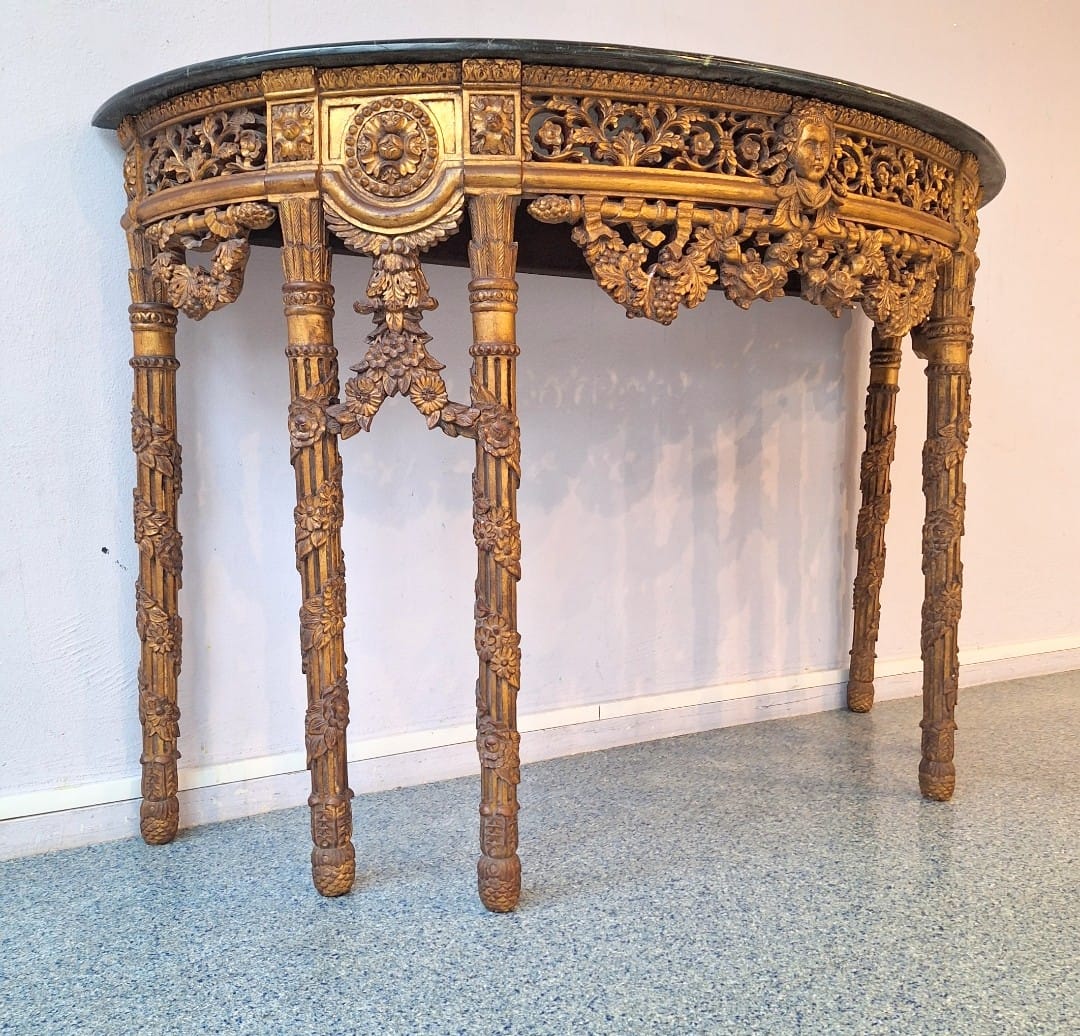 French_Baroque_Half_Moon_Wall_Console_with_Green_Marble_Top,_Gilt_Wood,_19th_Century