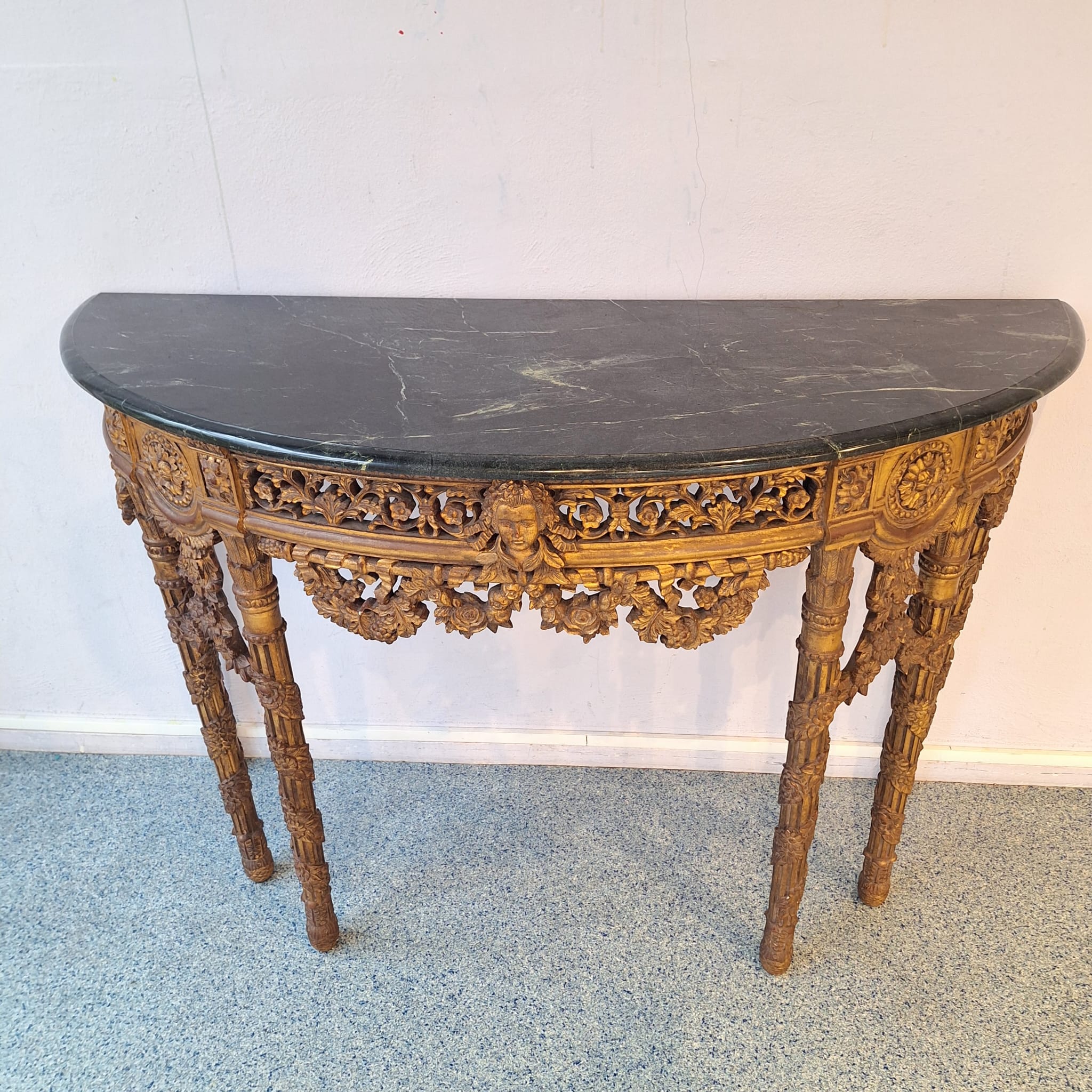 French_Baroque_Half_Moon_Wall_Console_with_Green_Marble_Top,_Gilt_Wood,_19th_Century