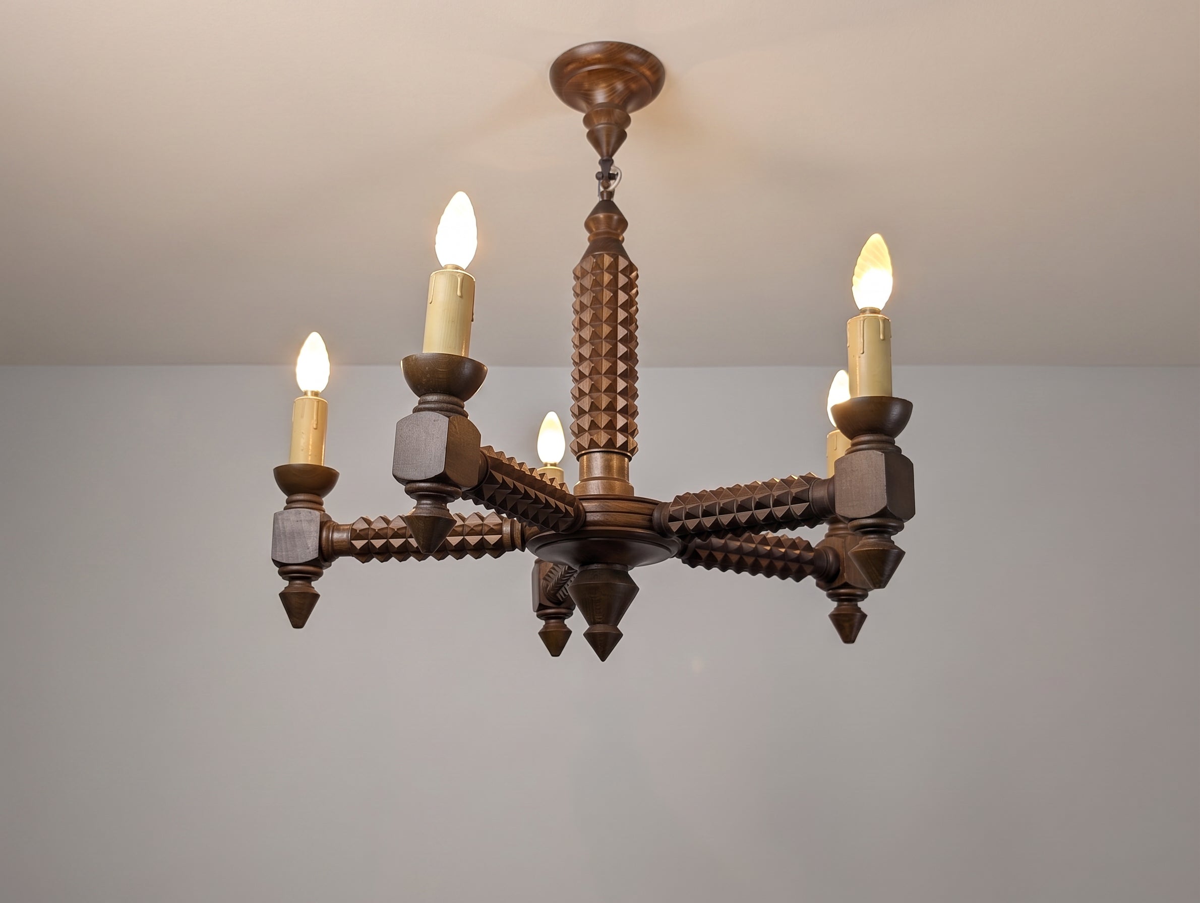 French_Brutalist_Carved_Wood_Five-Arm_Chandelier_in_the_Style_of_Charles_Dudouyt,_1940s