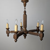 French_Brutalist_Carved_Wood_Five-Arm_Chandelier_in_the_Style_of_Charles_Dudouyt,_1940s