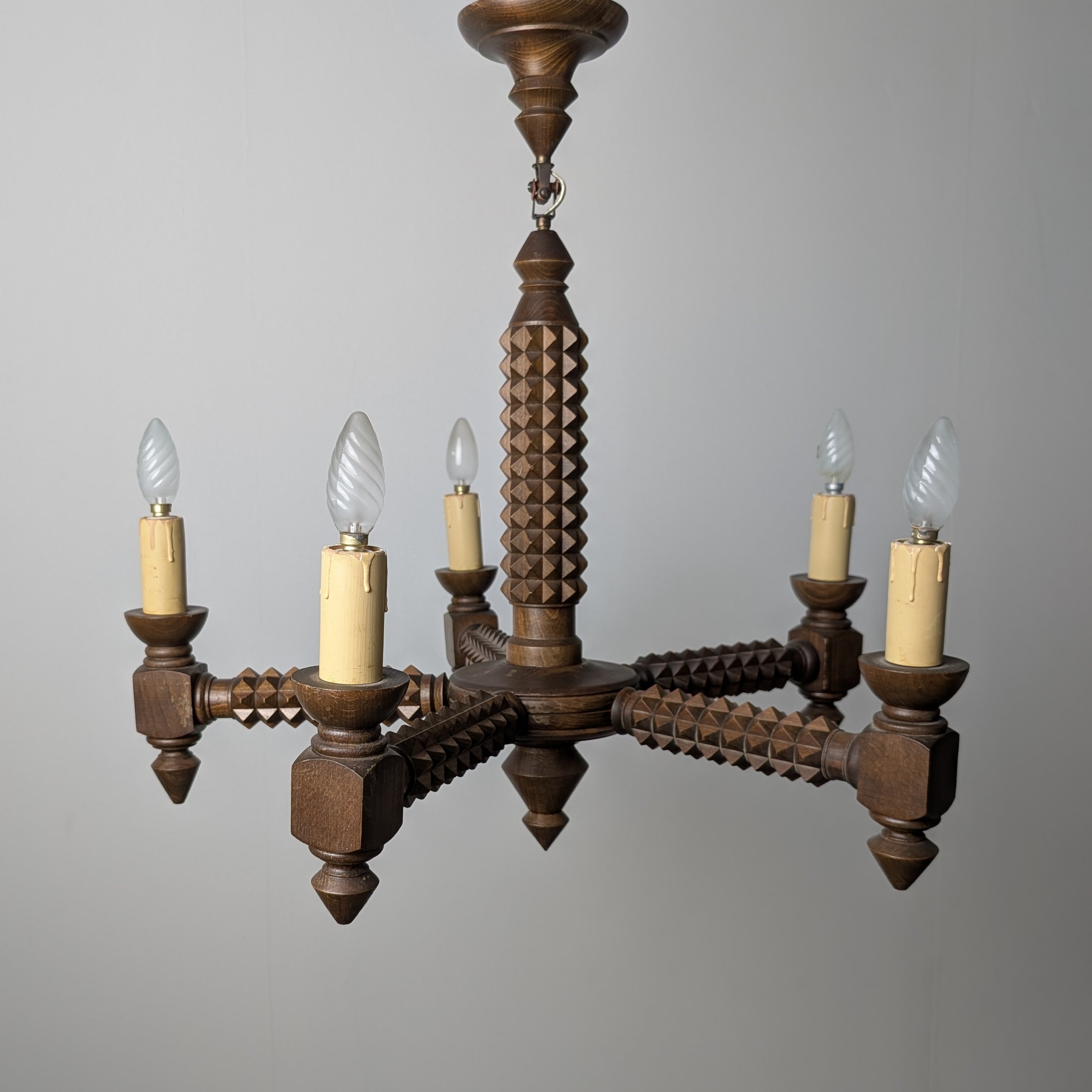 French_Brutalist_Carved_Wood_Five-Arm_Chandelier_in_the_Style_of_Charles_Dudouyt,_1940s