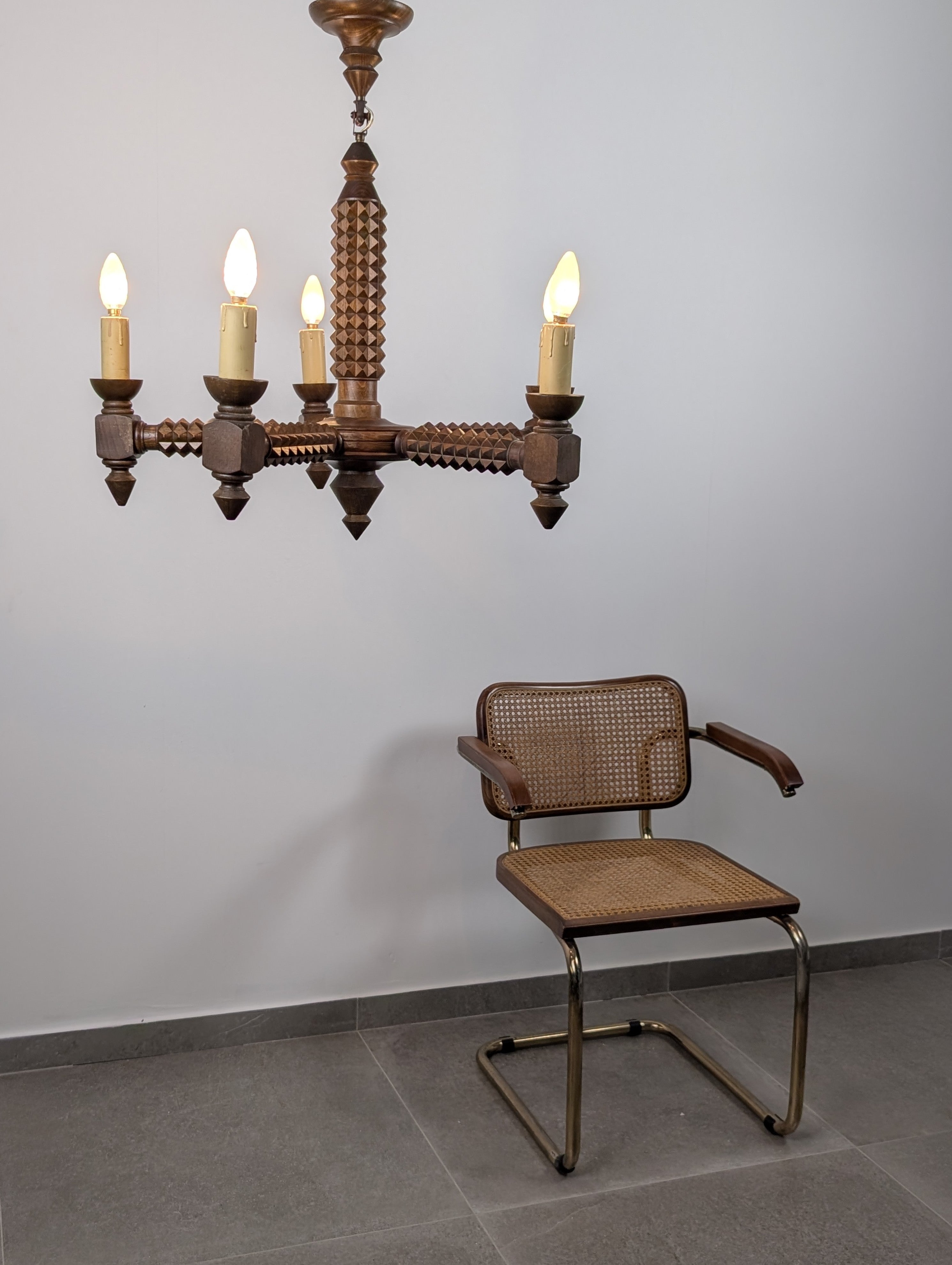 French_Brutalist_Carved_Wood_Five-Arm_Chandelier_in_the_Style_of_Charles_Dudouyt,_1940s