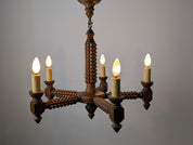 French_Brutalist_Carved_Wood_Five-Arm_Chandelier_in_the_Style_of_Charles_Dudouyt,_1940s