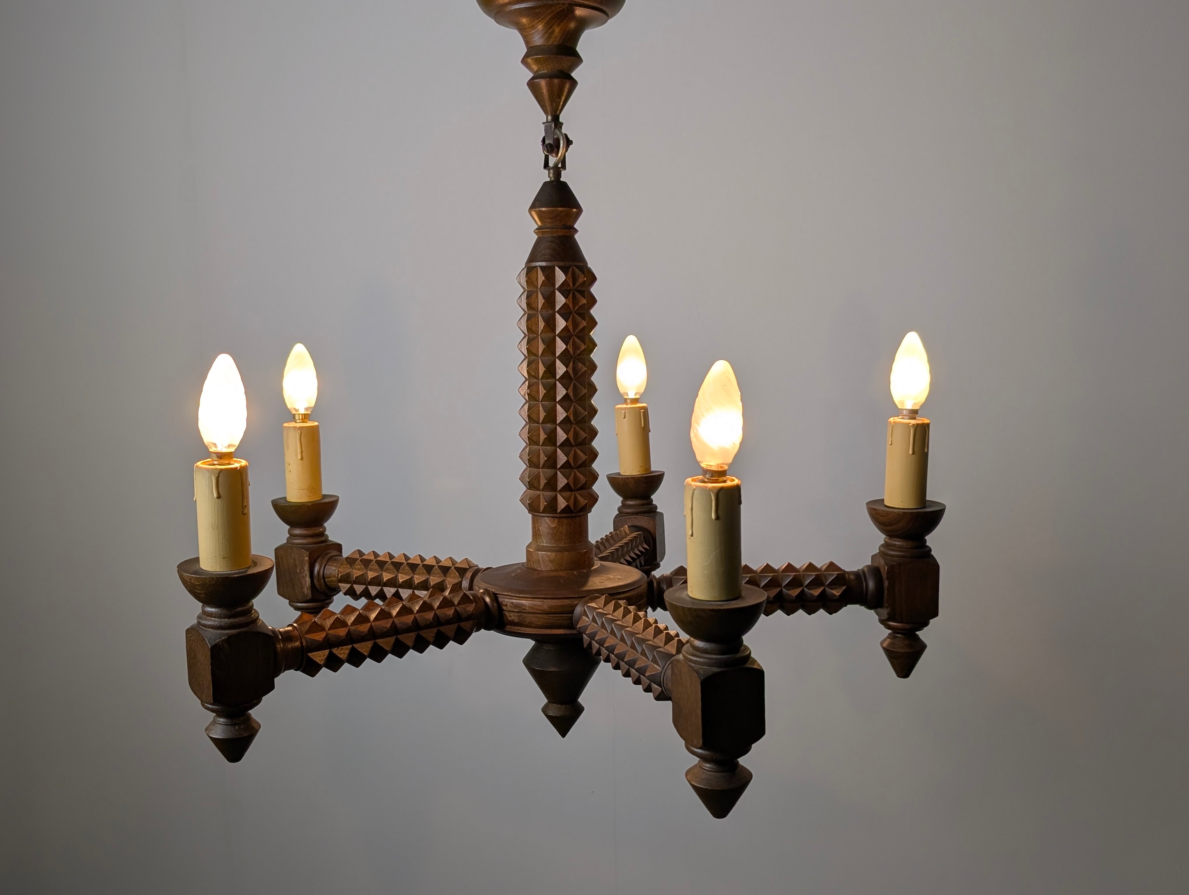 French_Brutalist_Carved_Wood_Five-Arm_Chandelier_in_the_Style_of_Charles_Dudouyt,_1940s