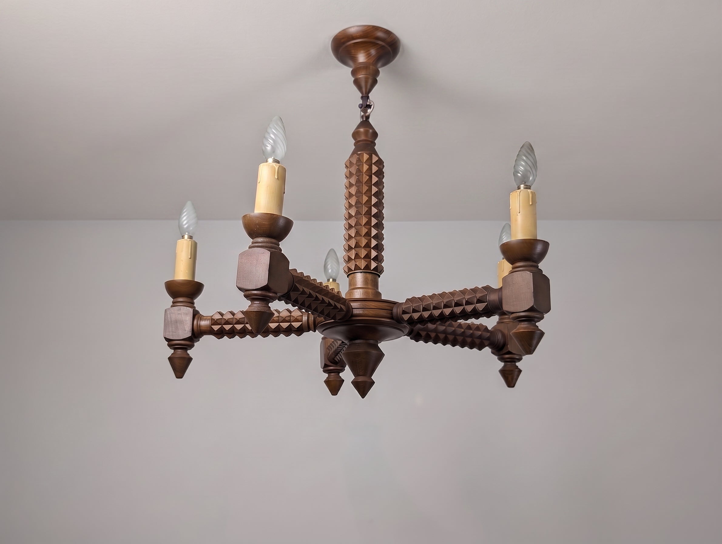 French_Brutalist_Carved_Wood_Five-Arm_Chandelier_in_the_Style_of_Charles_Dudouyt,_1940s