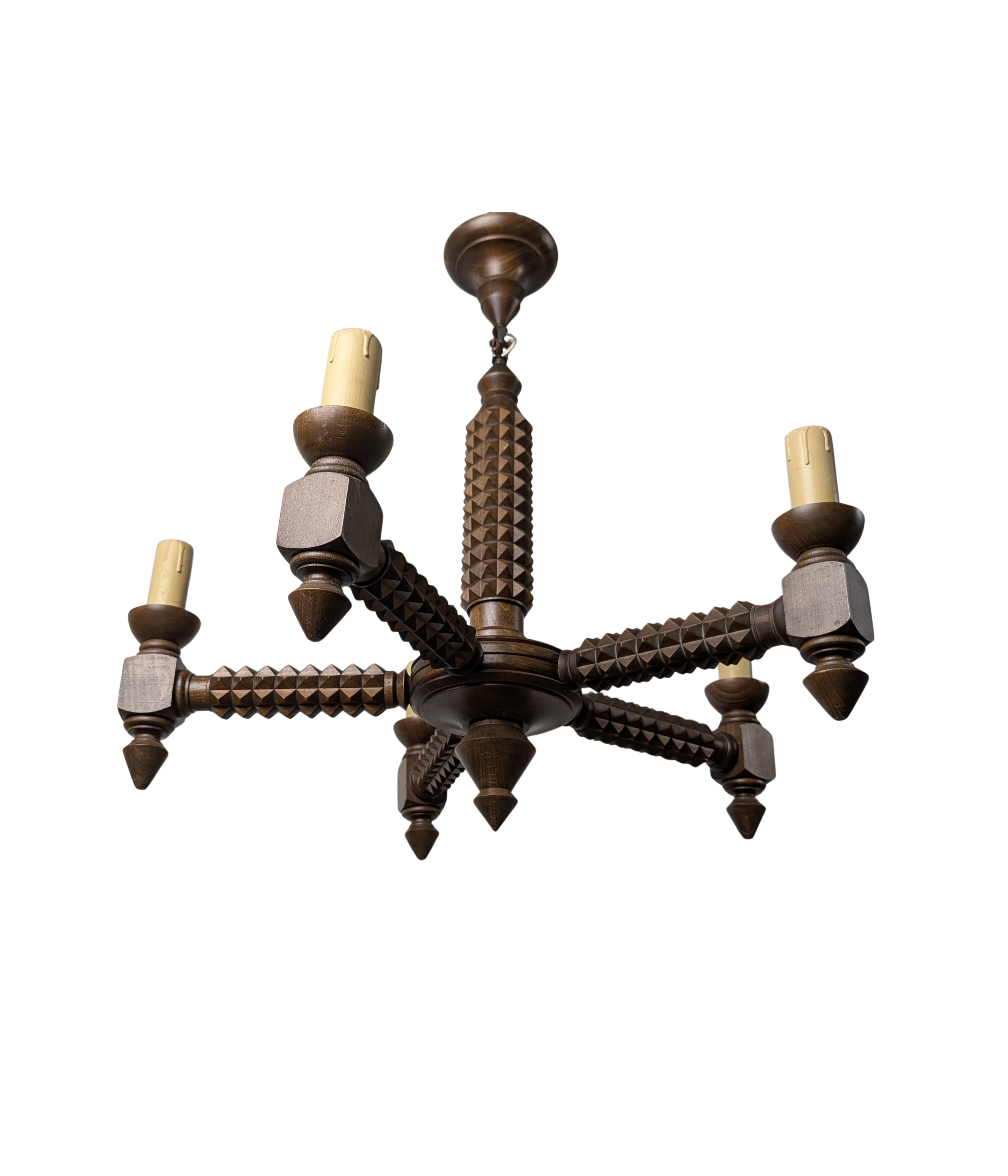 French_Brutalist_Carved_Wood_Five-Arm_Chandelier_in_the_Style_of_Charles_Dudouyt,_1940s