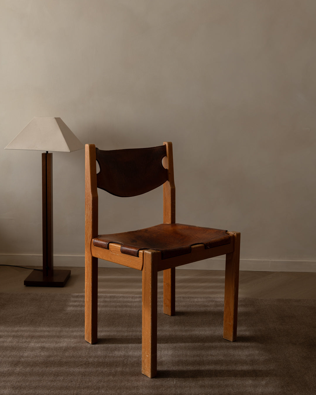 Maison_Regain_Elm_and_Leather_Brutalist_Dining_Chair,_France_1970s