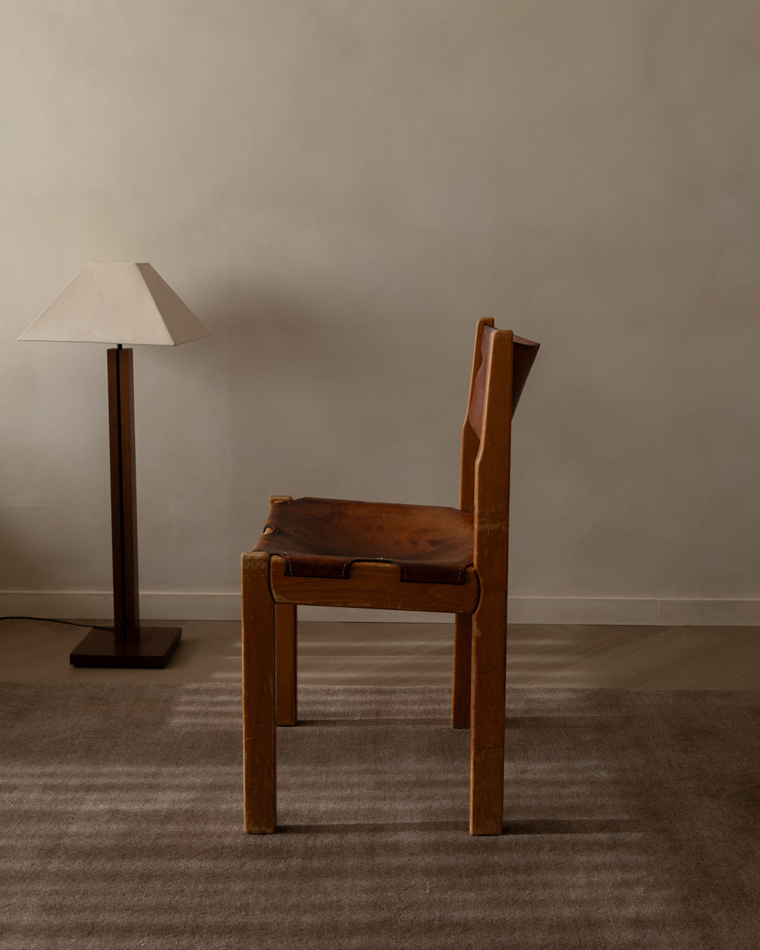 Maison_Regain_Elm_and_Leather_Brutalist_Dining_Chair,_France_1970s