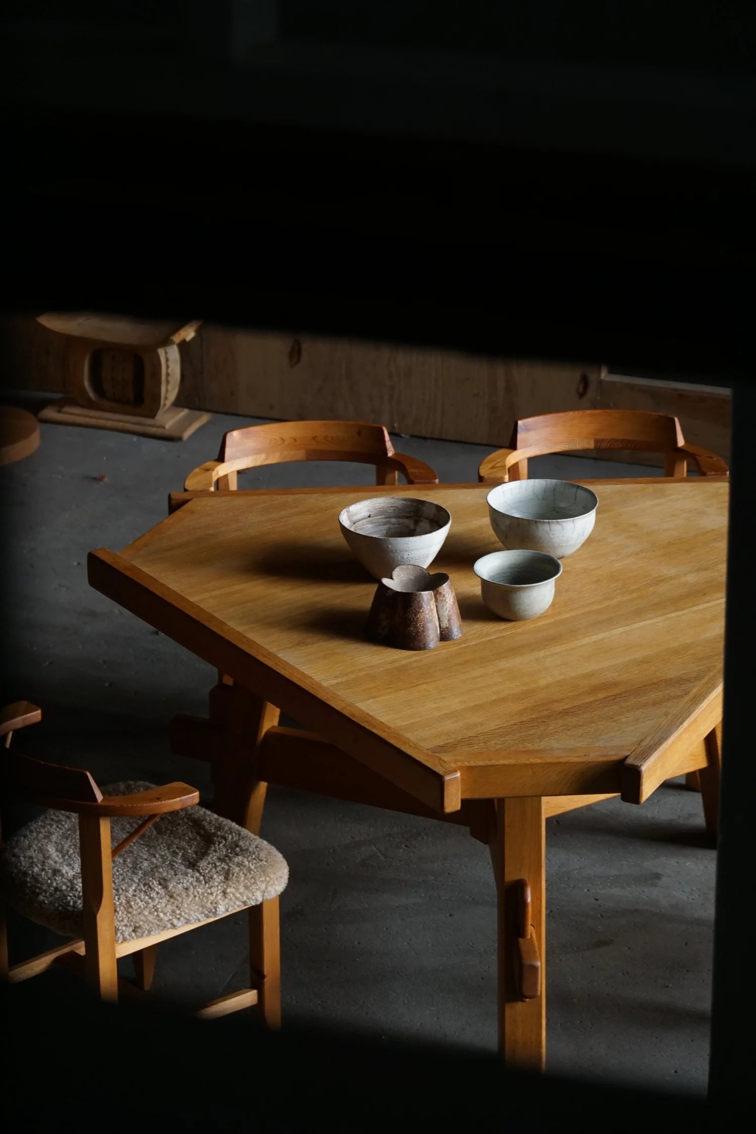 French_Brutalist_Triangular_Oak_Dining_Table,_1960s