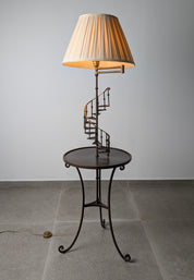 French_Guéridon_Reading_Floor_Lamp_with_Spiral_Staircase_Detail,_Wrought_Iron,_Bronze_and_Brass,_Mid-20th_Century