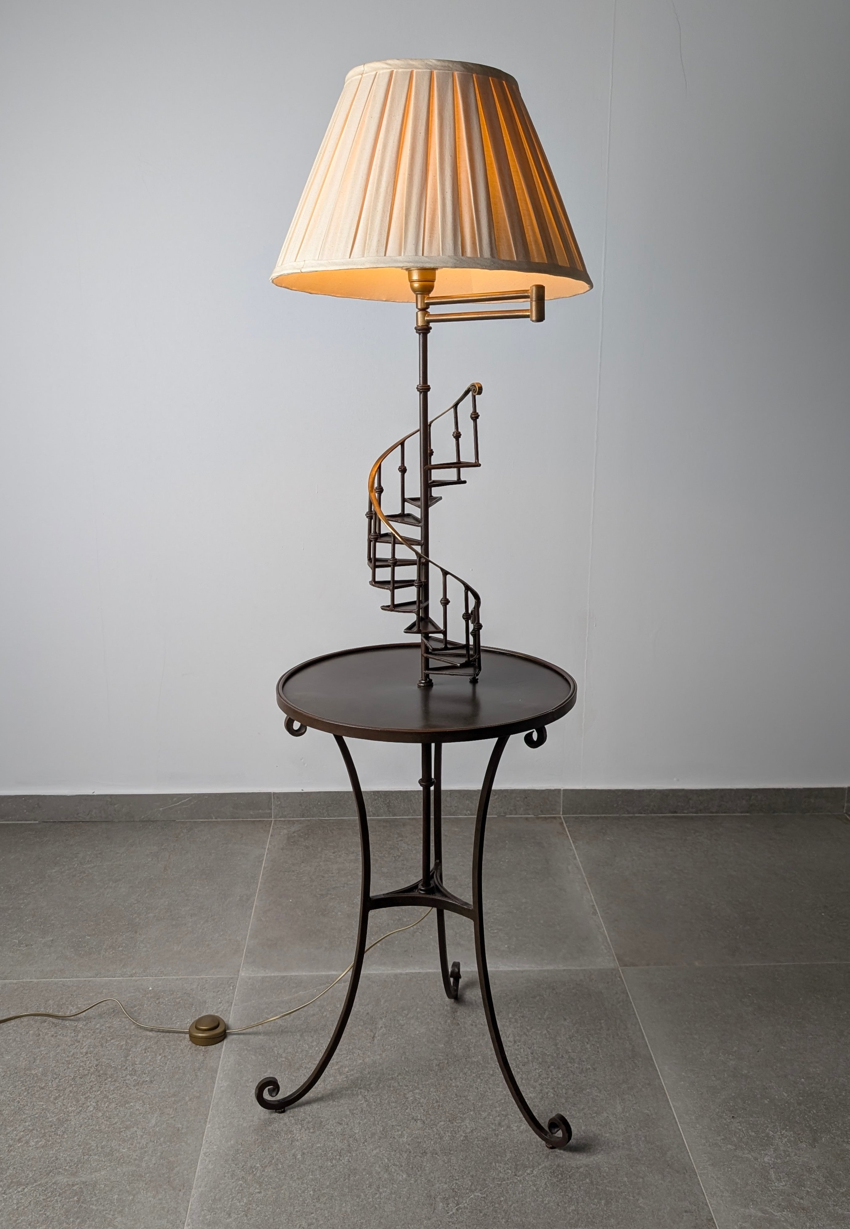 French_Guéridon_Reading_Floor_Lamp_with_Spiral_Staircase_Detail,_Wrought_Iron,_Bronze_and_Brass,_Mid-20th_Century